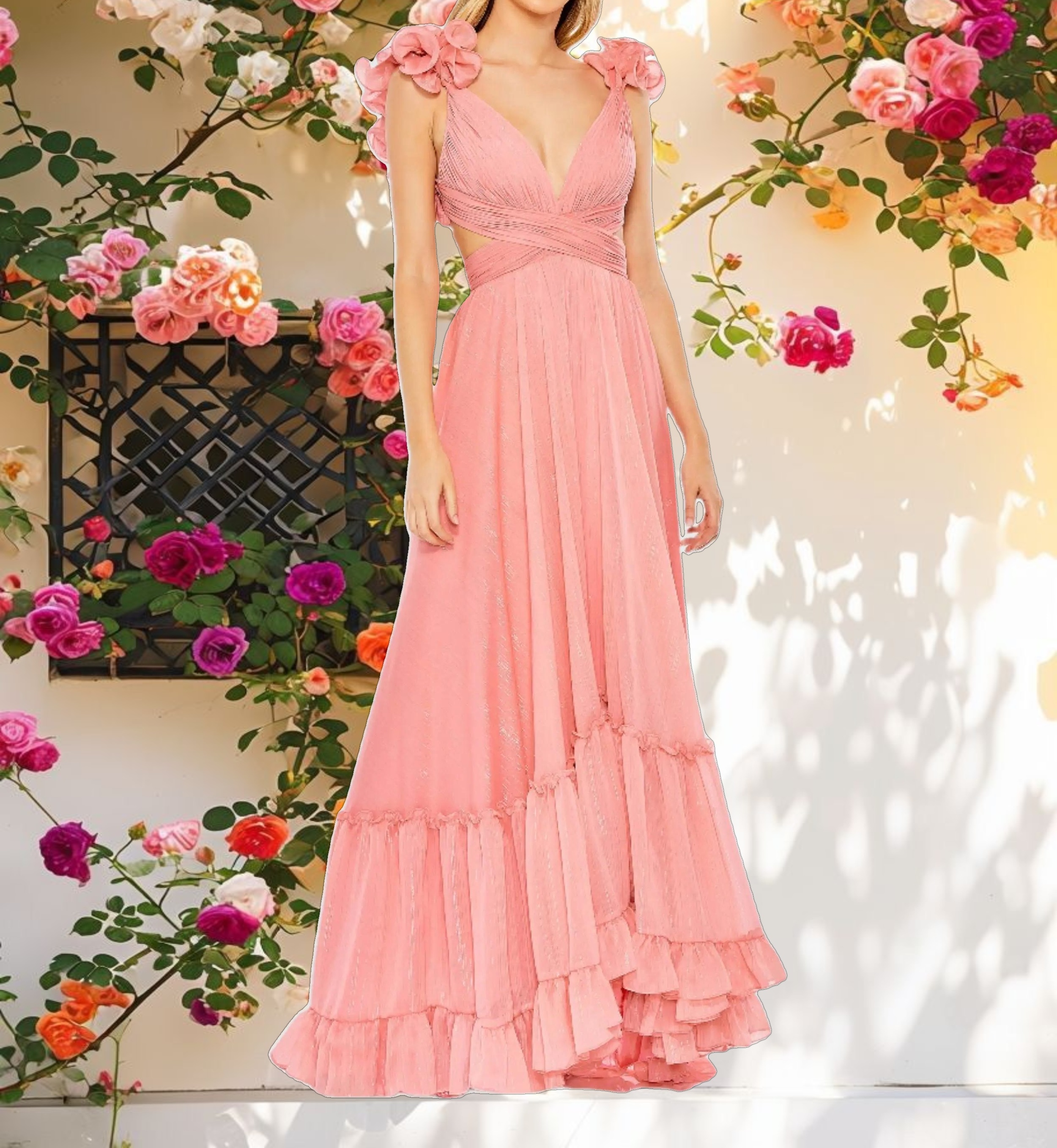 Ruffle Sleeve V Neck A Line Gown