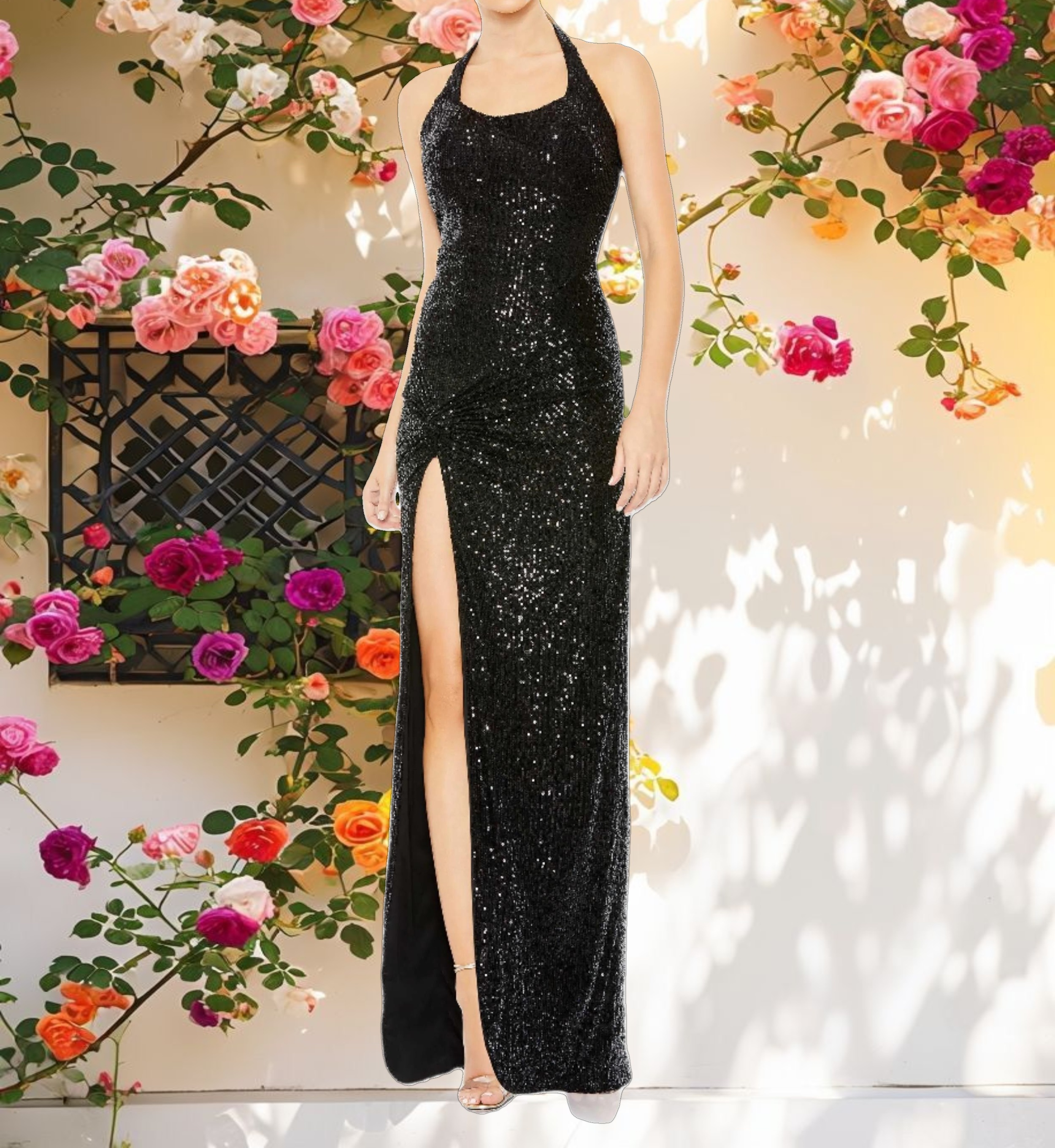 Sequined Halter Strap Low Side Knot Gown