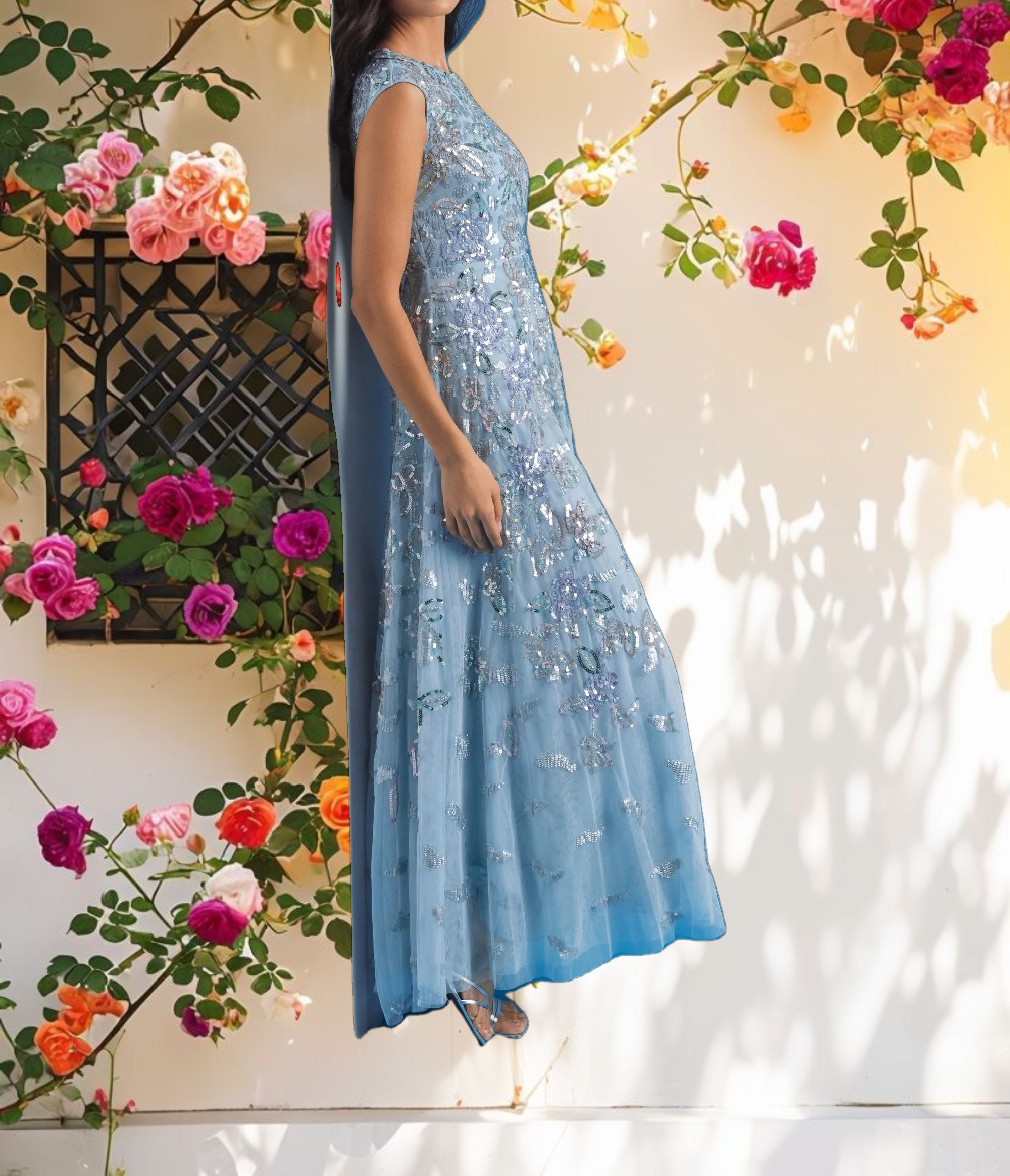 Blue Sequined High Neck Cap Sleeve A Line Gown