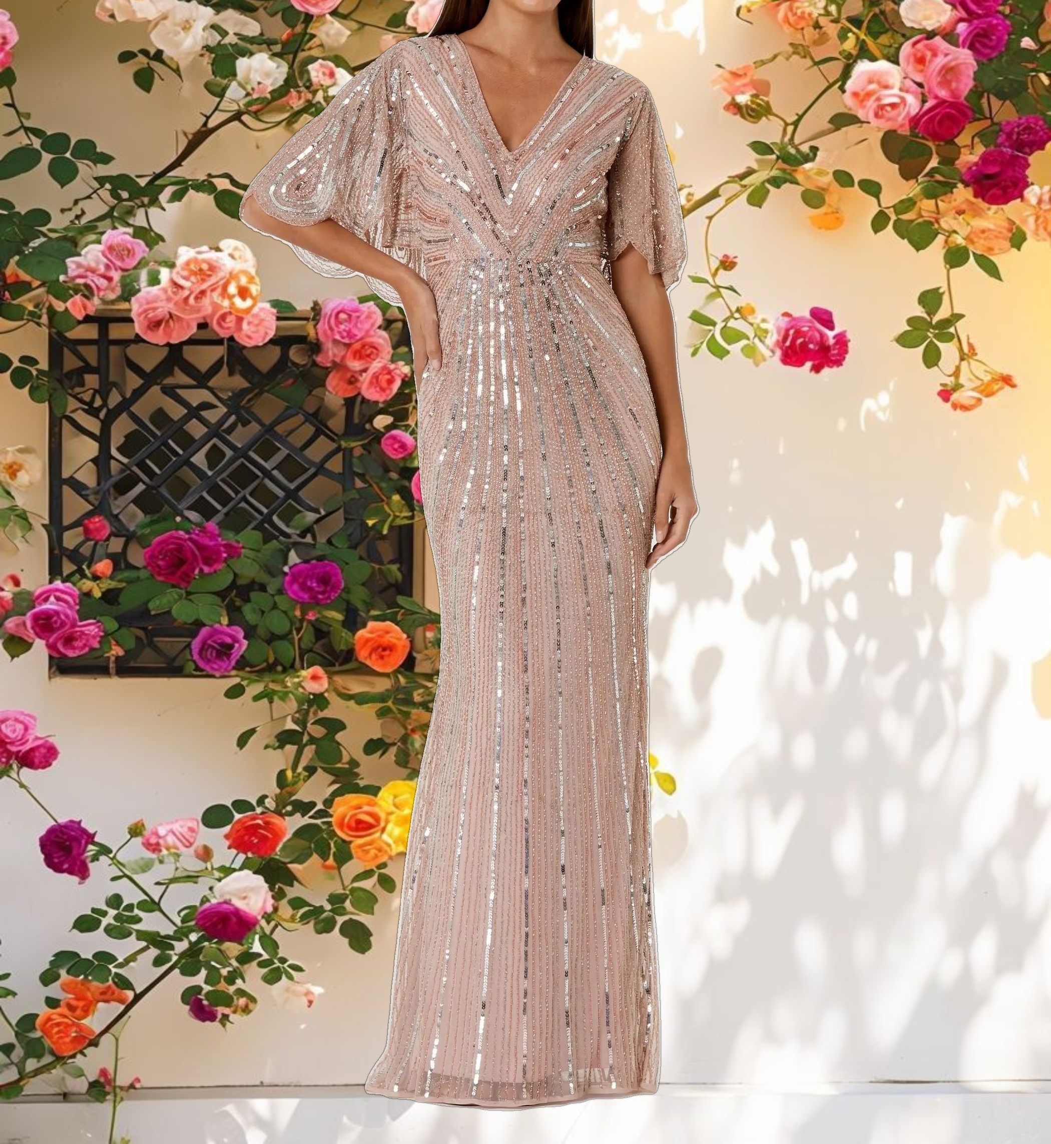 Sequined V Neck Cape Sleeve Column Gown