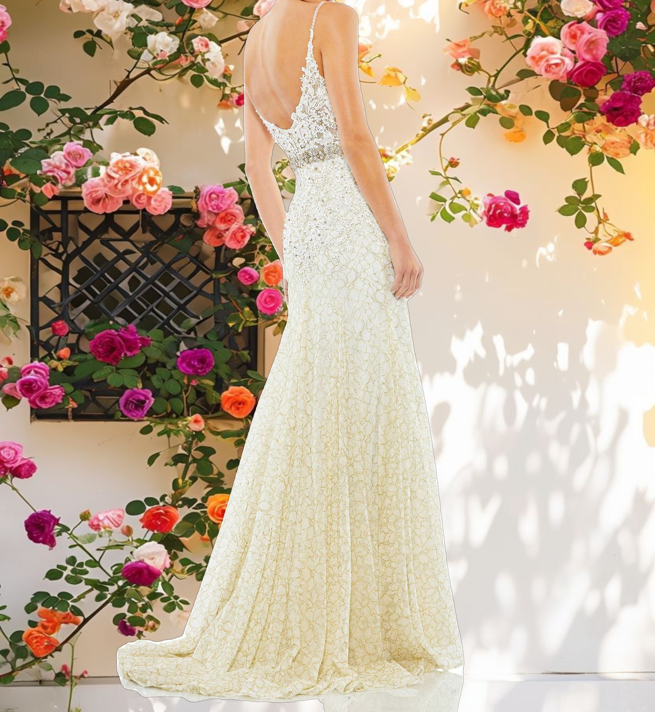 White Embroidered Sleeveless V-Neck Gown