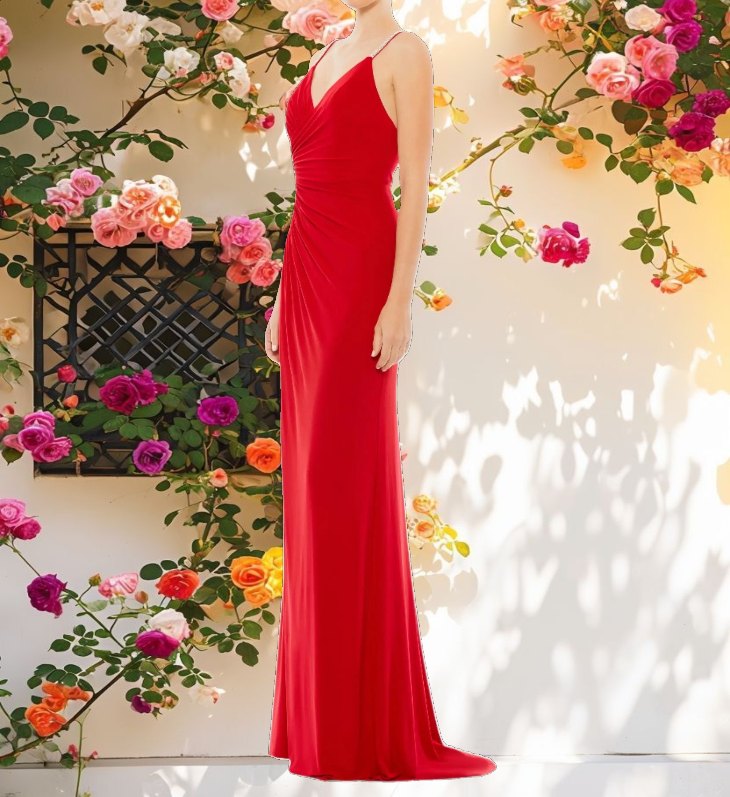 Faux Wrap V Neck Open Back Gown