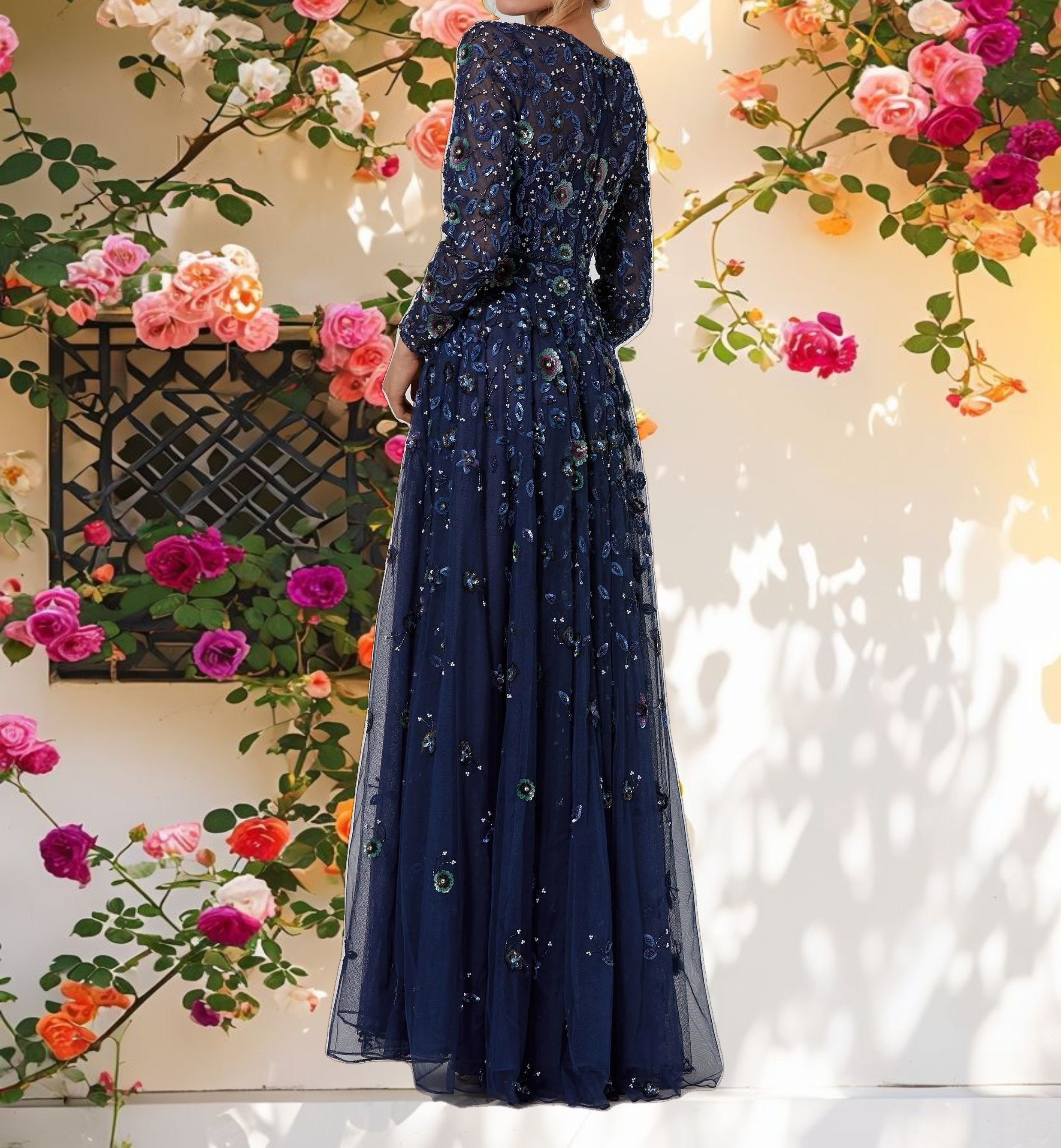 Navy Embellished High Neck Long Sleeve A Line Gown