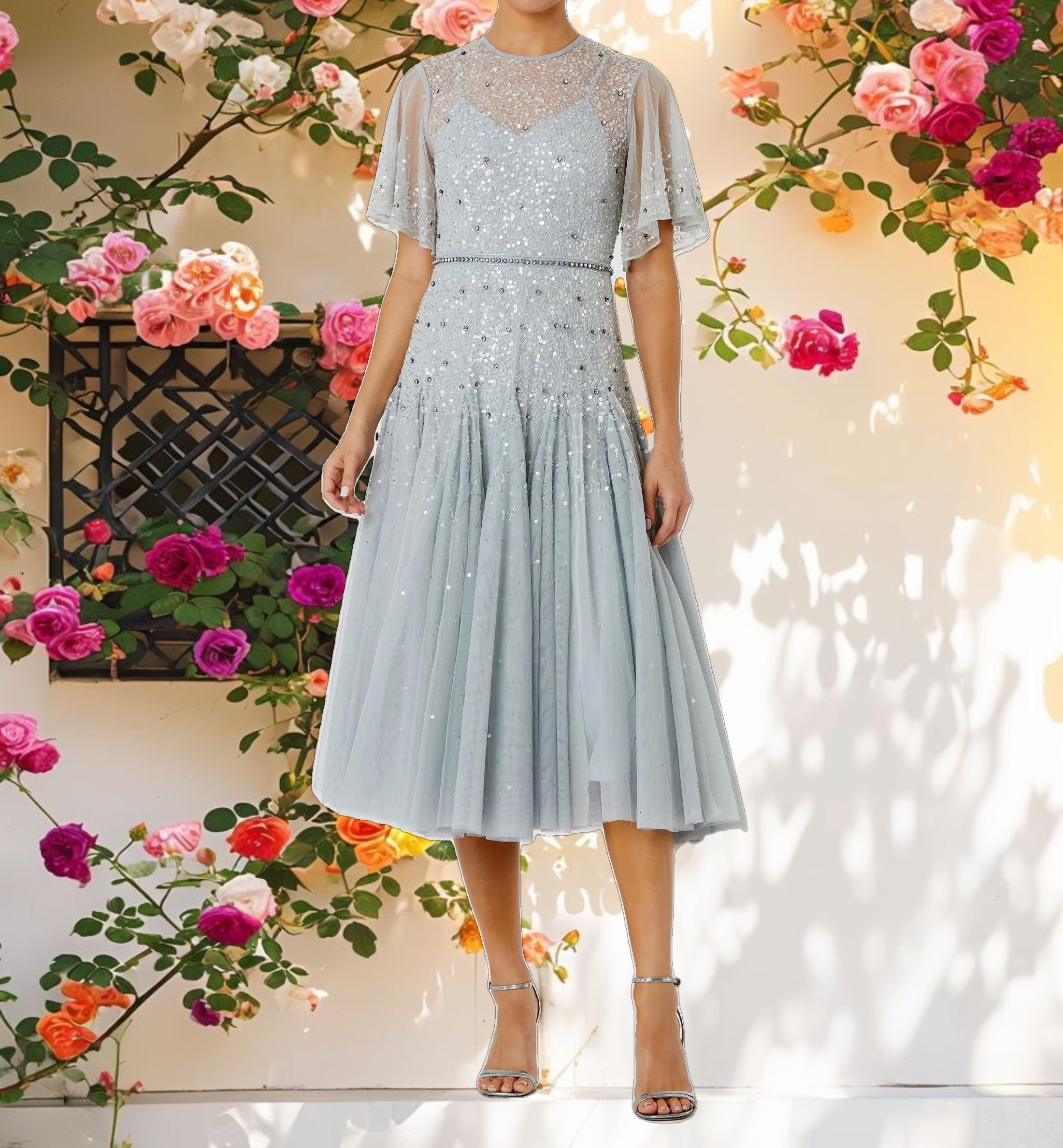 Sleeve Beaded Tea Length A line Dress