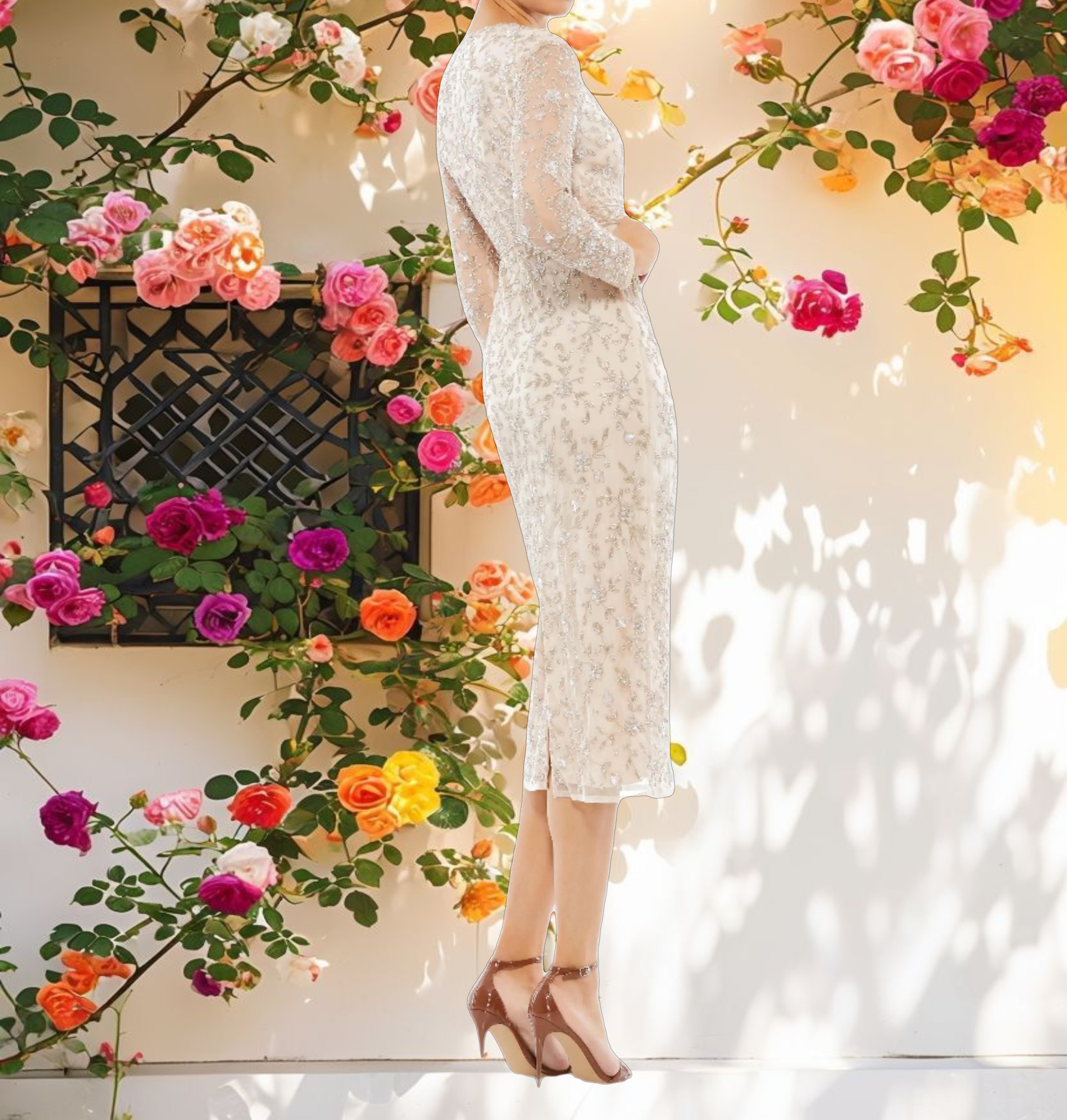 Beige Beaded Tea Length Dress w/ Sheer Sleeves