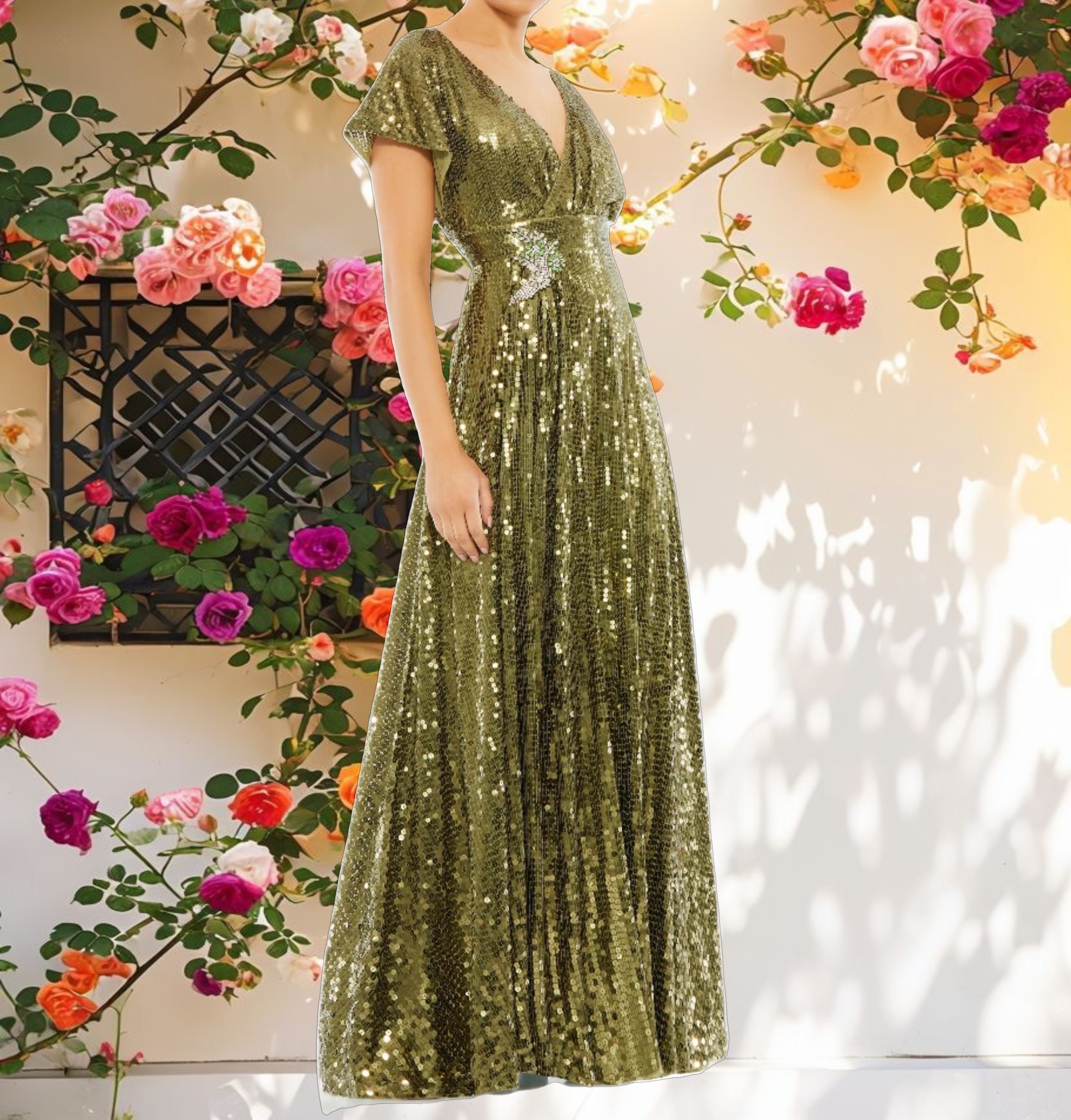 Green Sequined Butterfly Sleeve Wrap Over A Line Gown