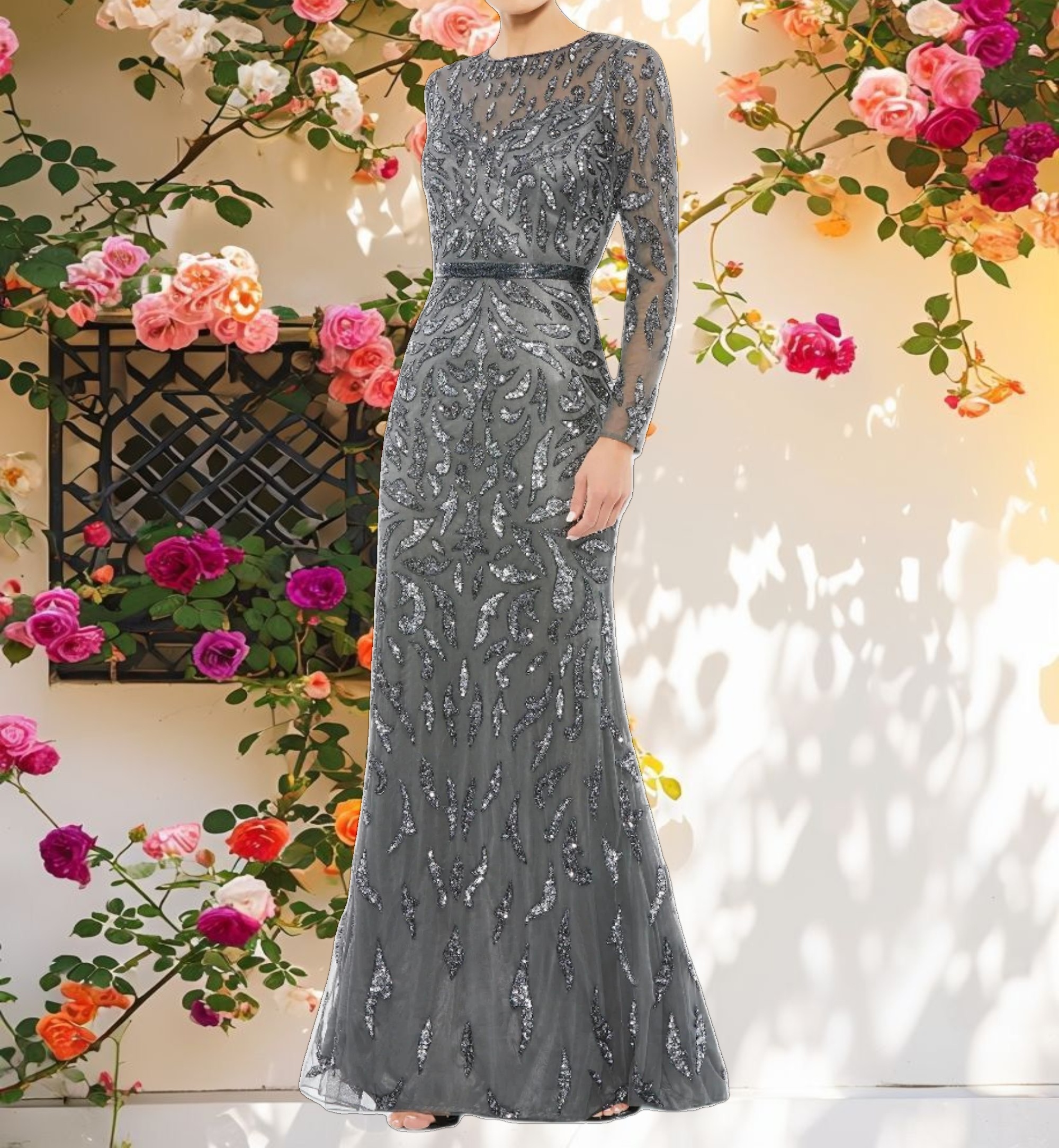 Dark Gray Beaded Long Sleeve Evening Gown