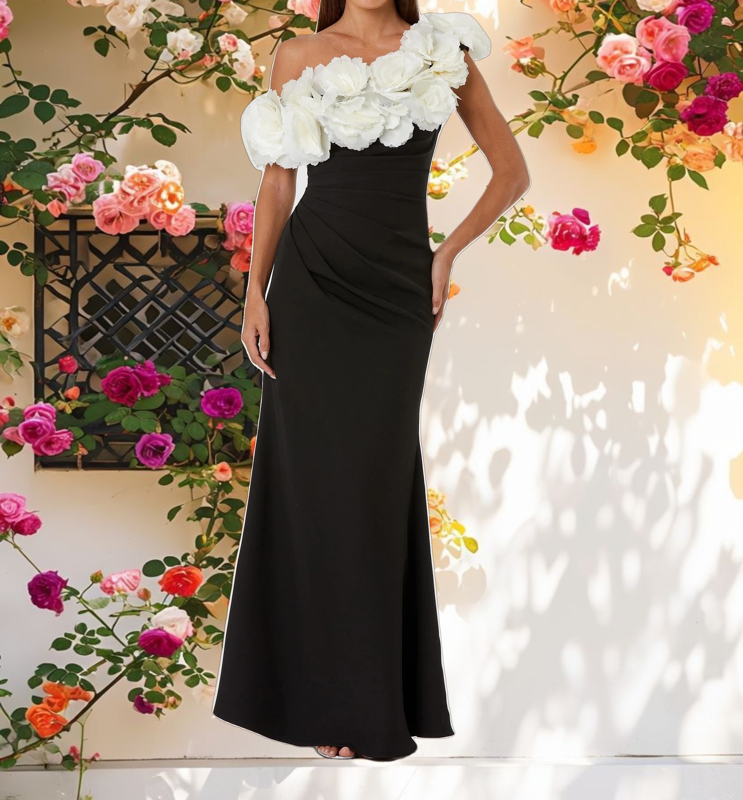 Black and White Jersey Gown With 3D Flower Off The Shoulder Detail