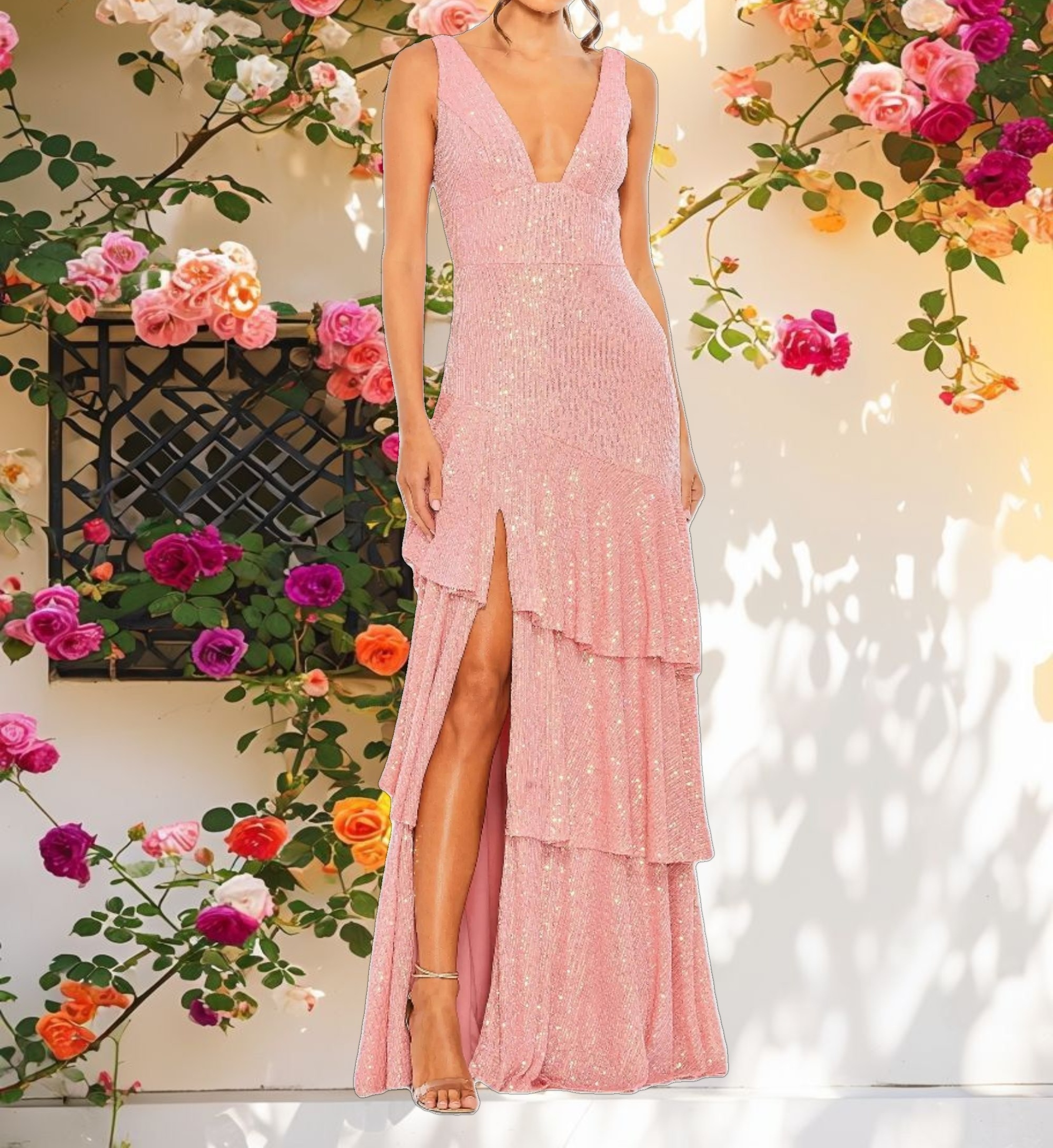 Pink Sequin Asymmetrical Ruffle Tiered Gown