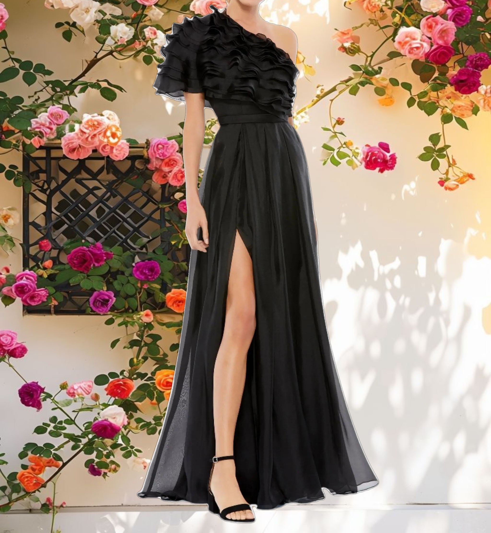Ruffle Layered One Shoulder Gown