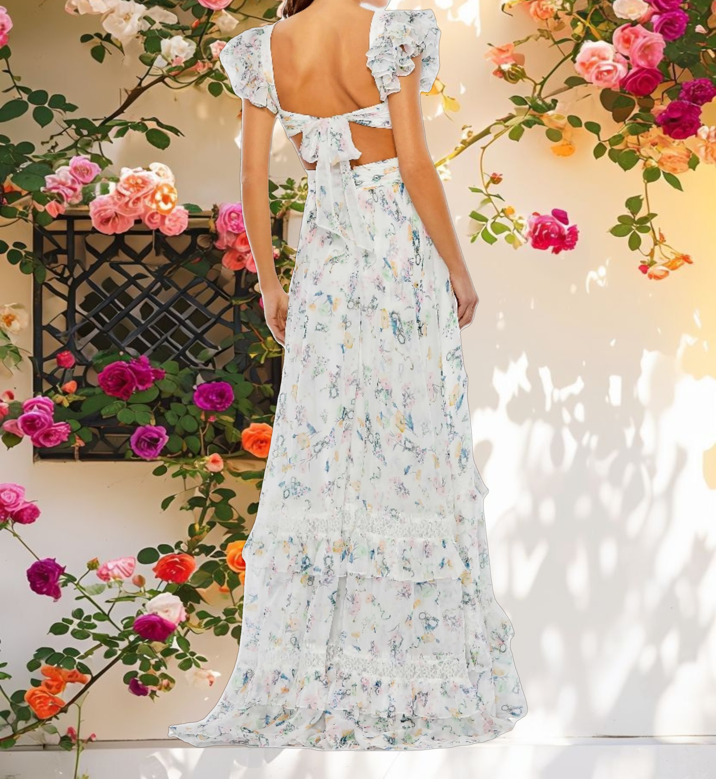 White Floral Ruffled Cut Out Flowy Maxi Dress