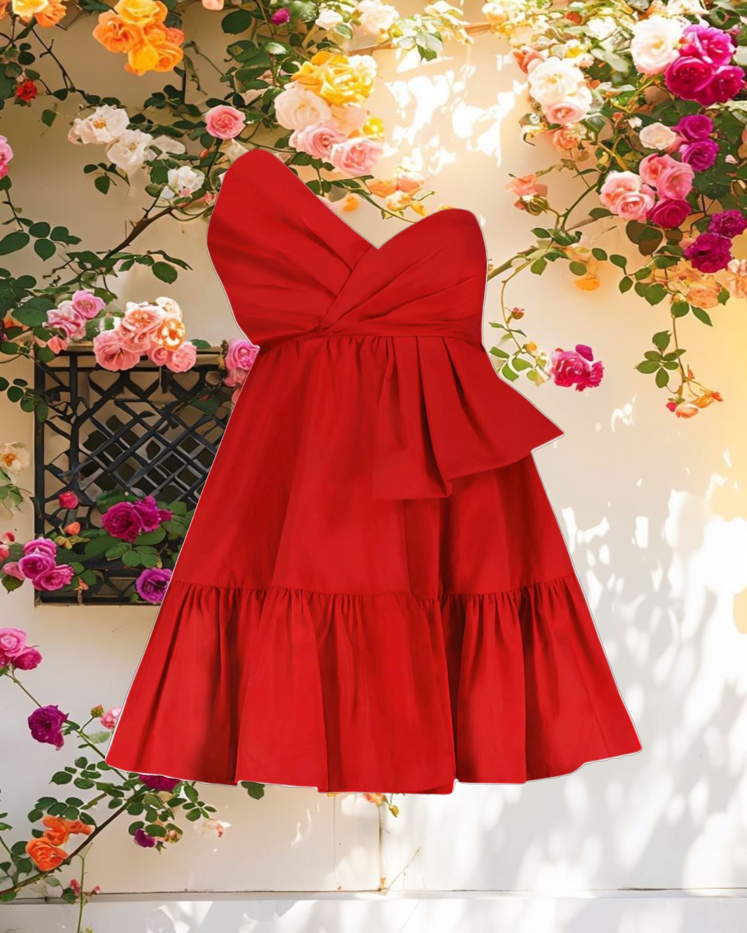 Red Faille Strapless Twist Bow Mini Dress