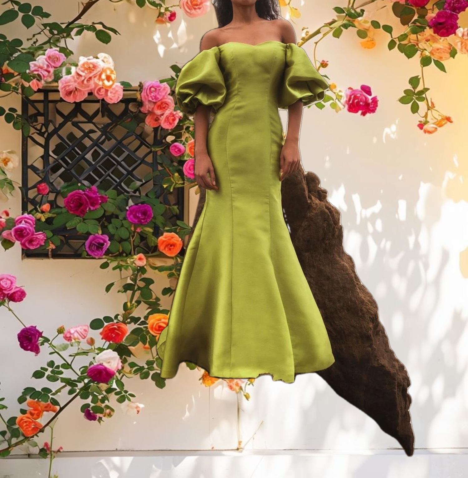 Green Sweetheart Off The Shoulder Puff Sleeve Gown