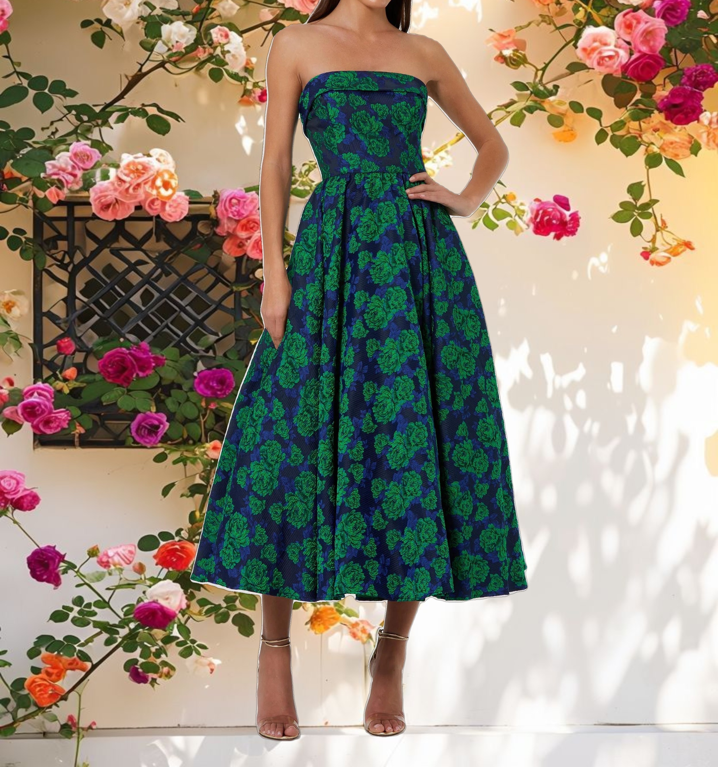 Blue and Green Brocade Strapless A Line Midi Dress
