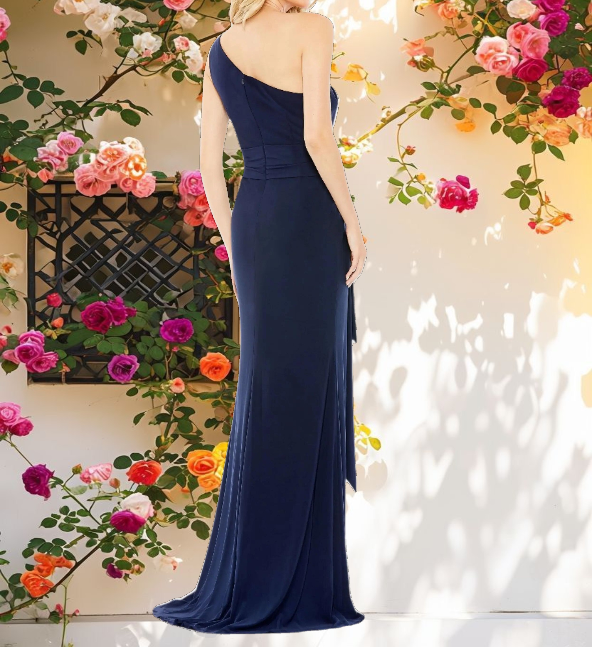 Navy Jersey One Shoulder Belted Trumpet Gown
