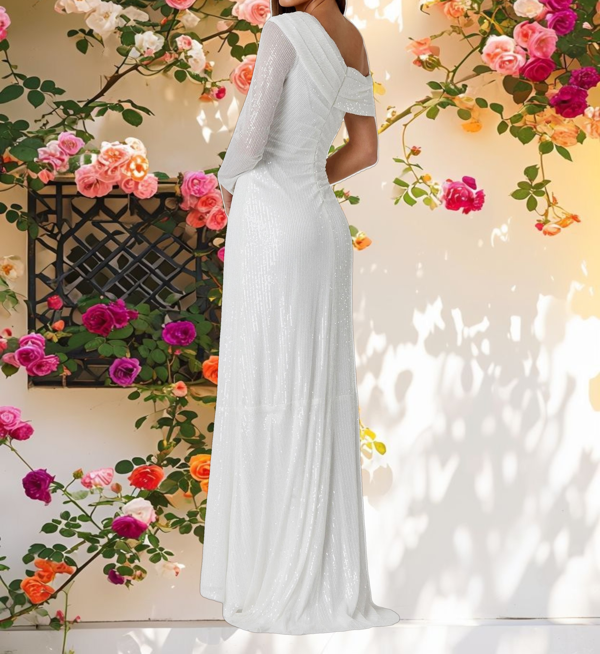 White Sequined Drop Shoulder Faux Wrap Gown