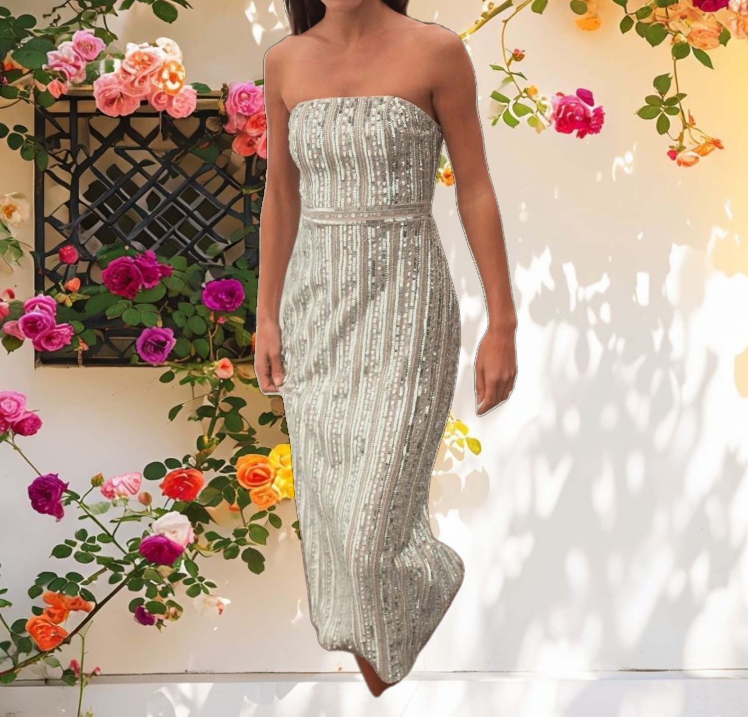 Silver and Beige Embellished Strapless Column Dress