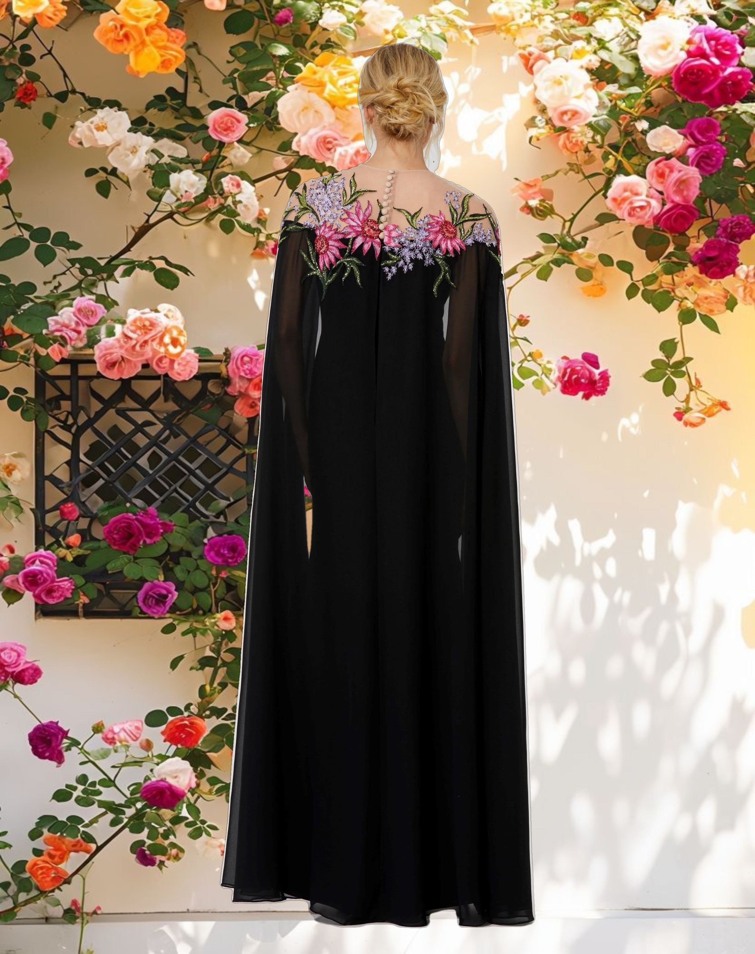 Black Sheer Cape Gown with Beaded Embroidery