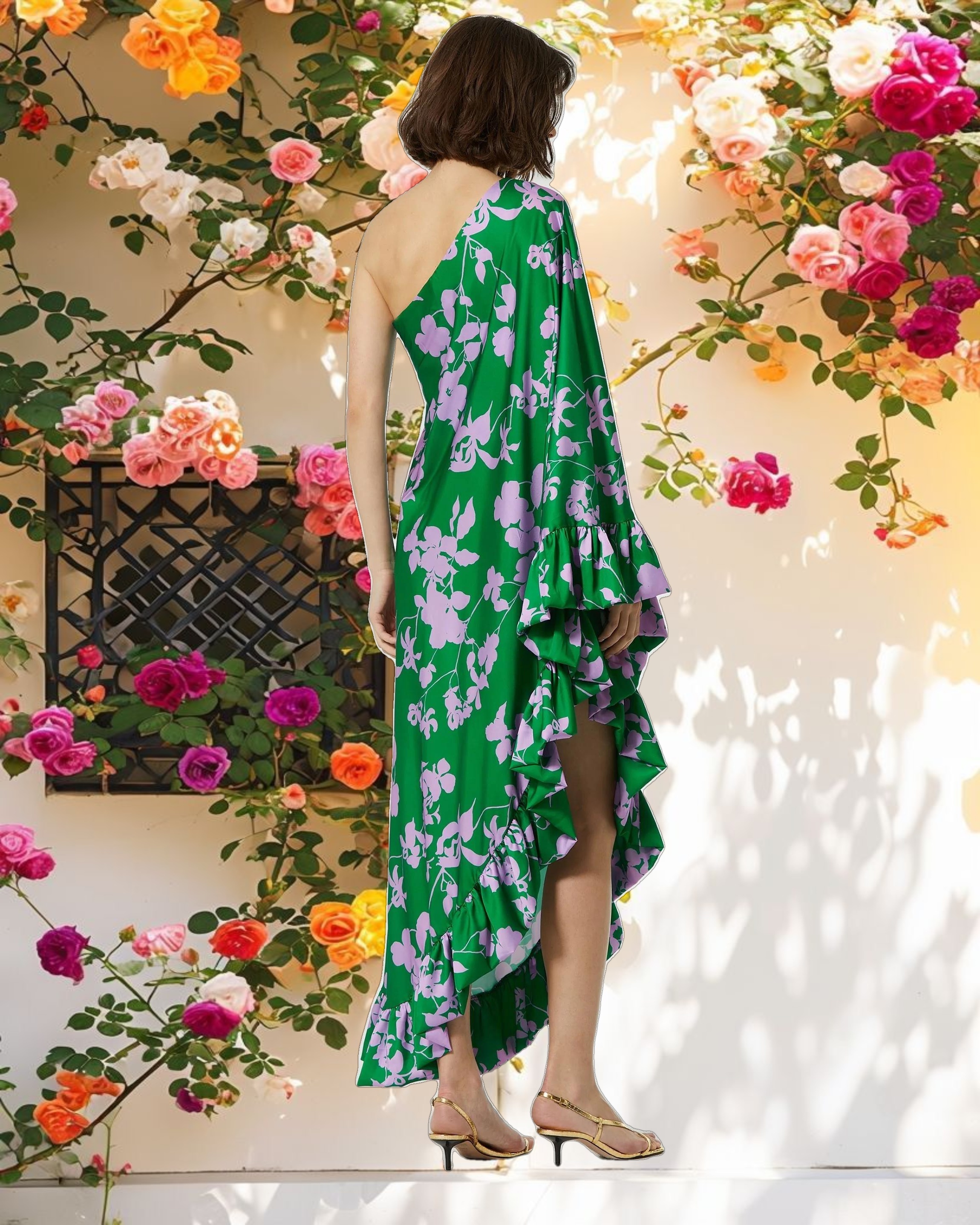 Printed Charmeuse One Shoulder Gown