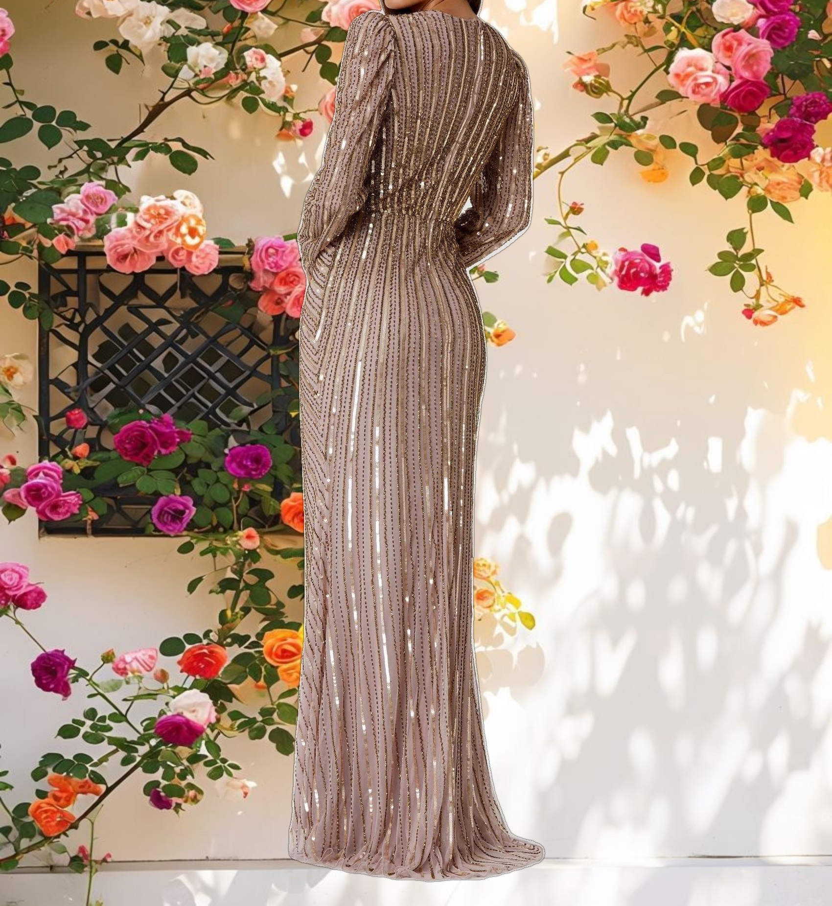 Brown Embellished Puff Sleeve Side Knot Gown
