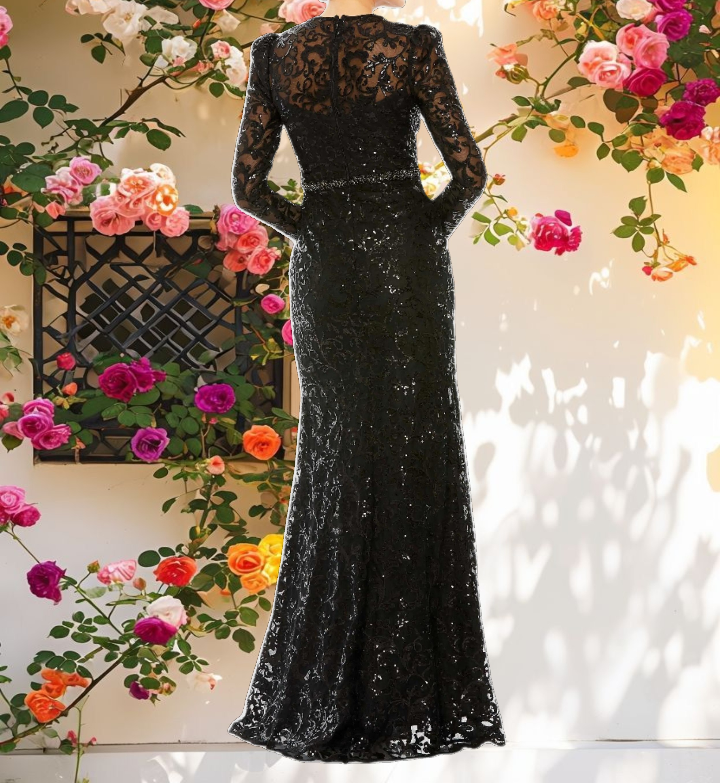 Embroidered High Neck Long Sleeve Gown