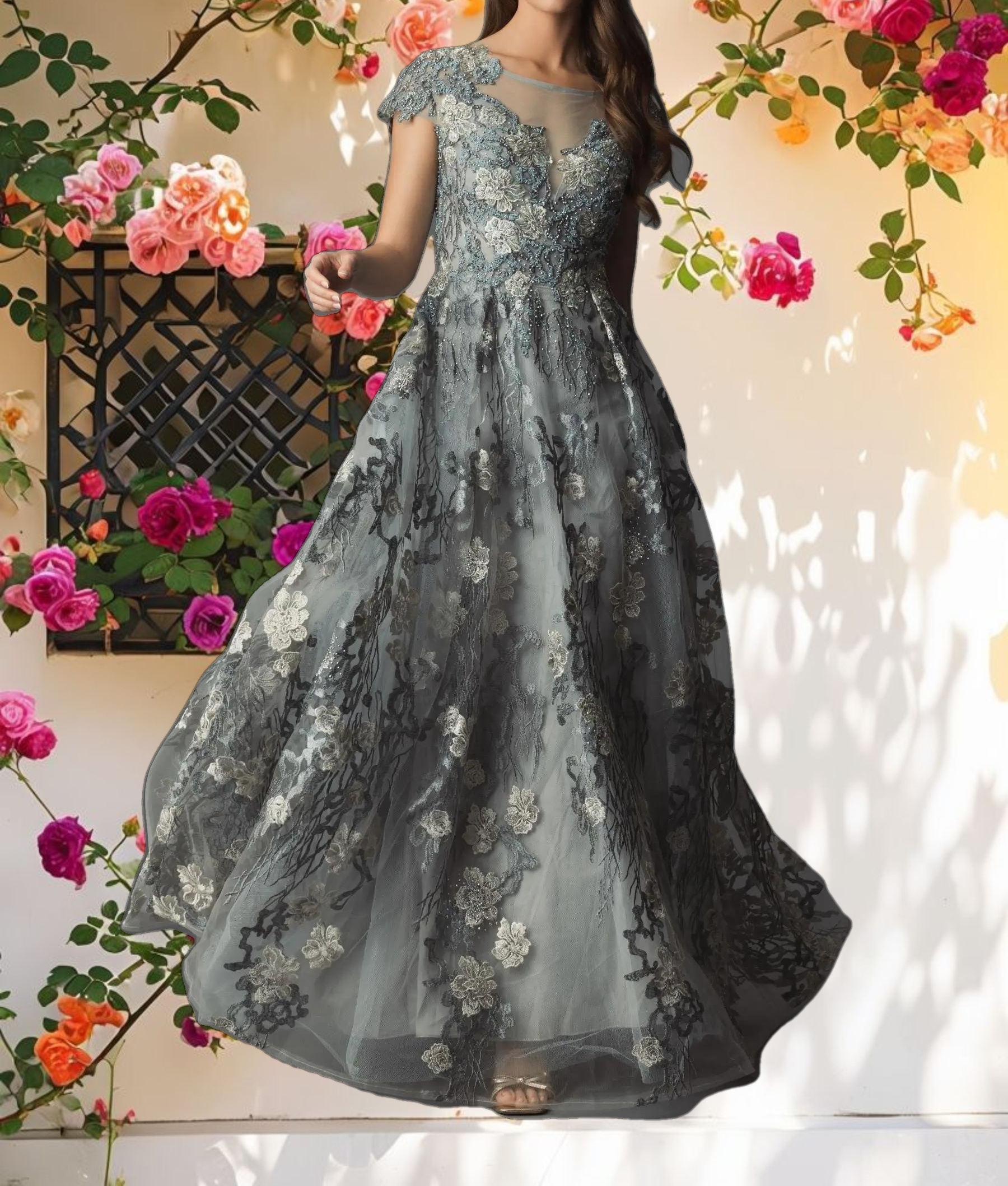 Floral Embroidered Evening Gown