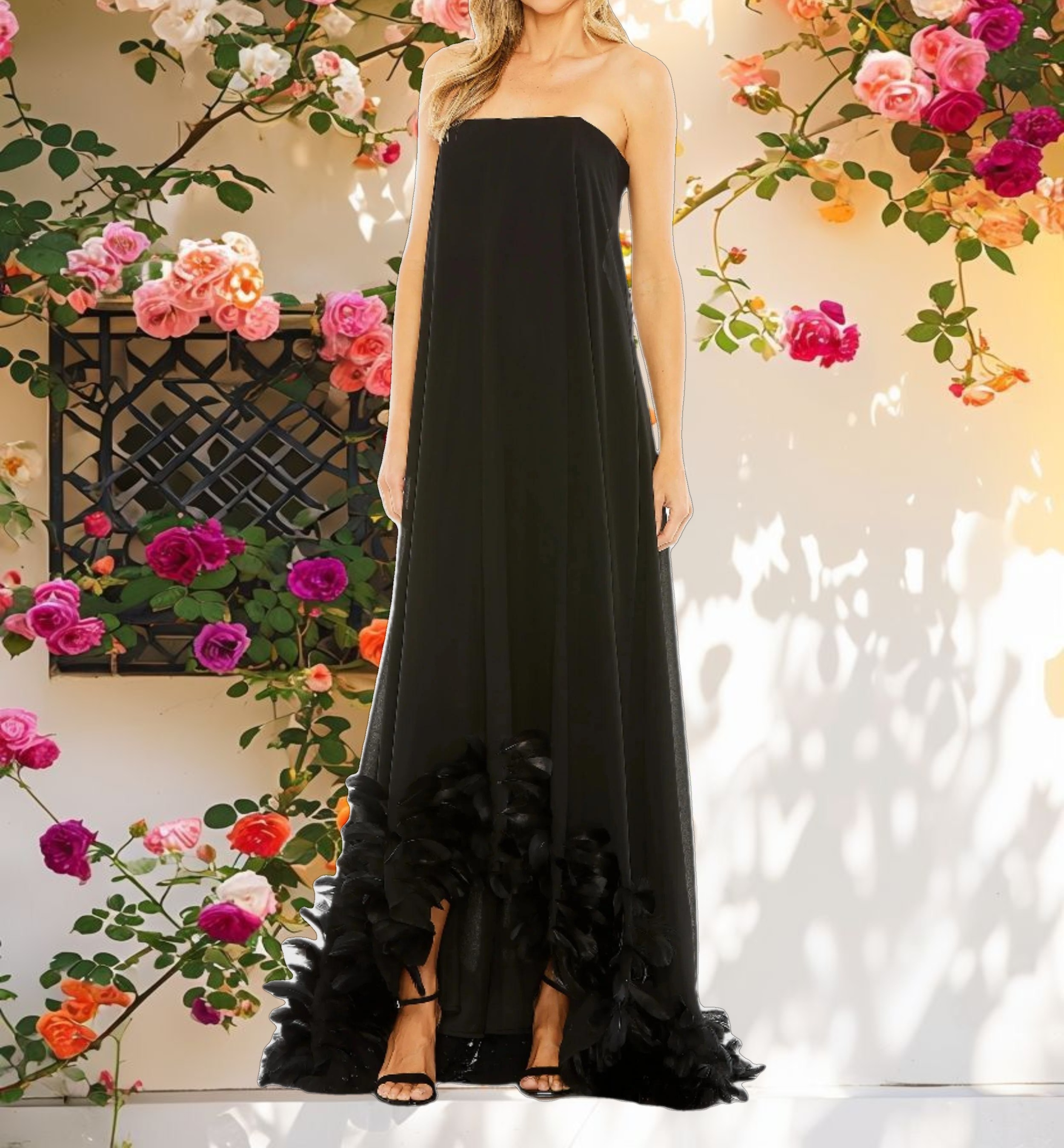 Black Strapless Flare Feather Hem Gown