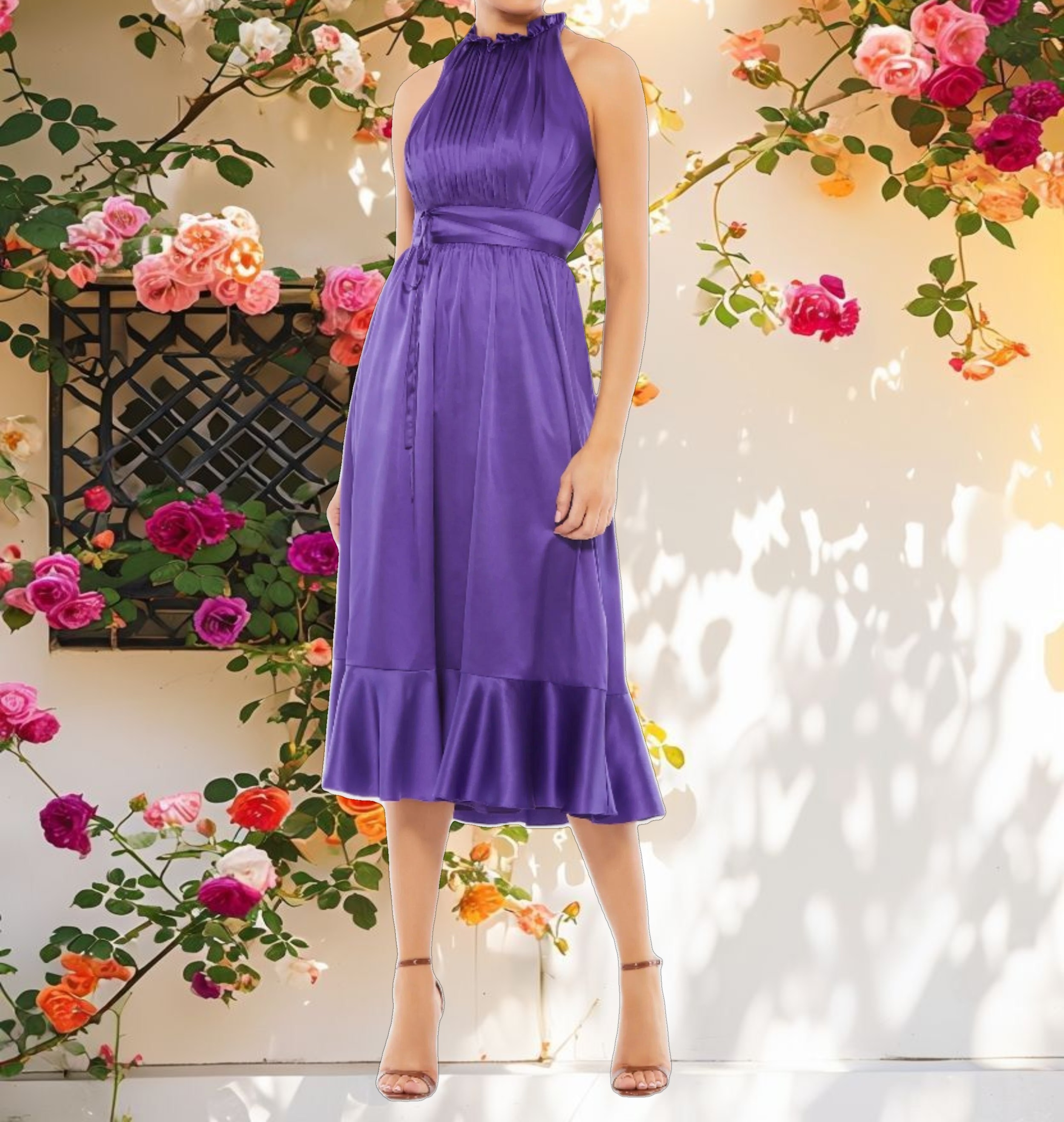 Ruffle Halter Neck Midi Dress