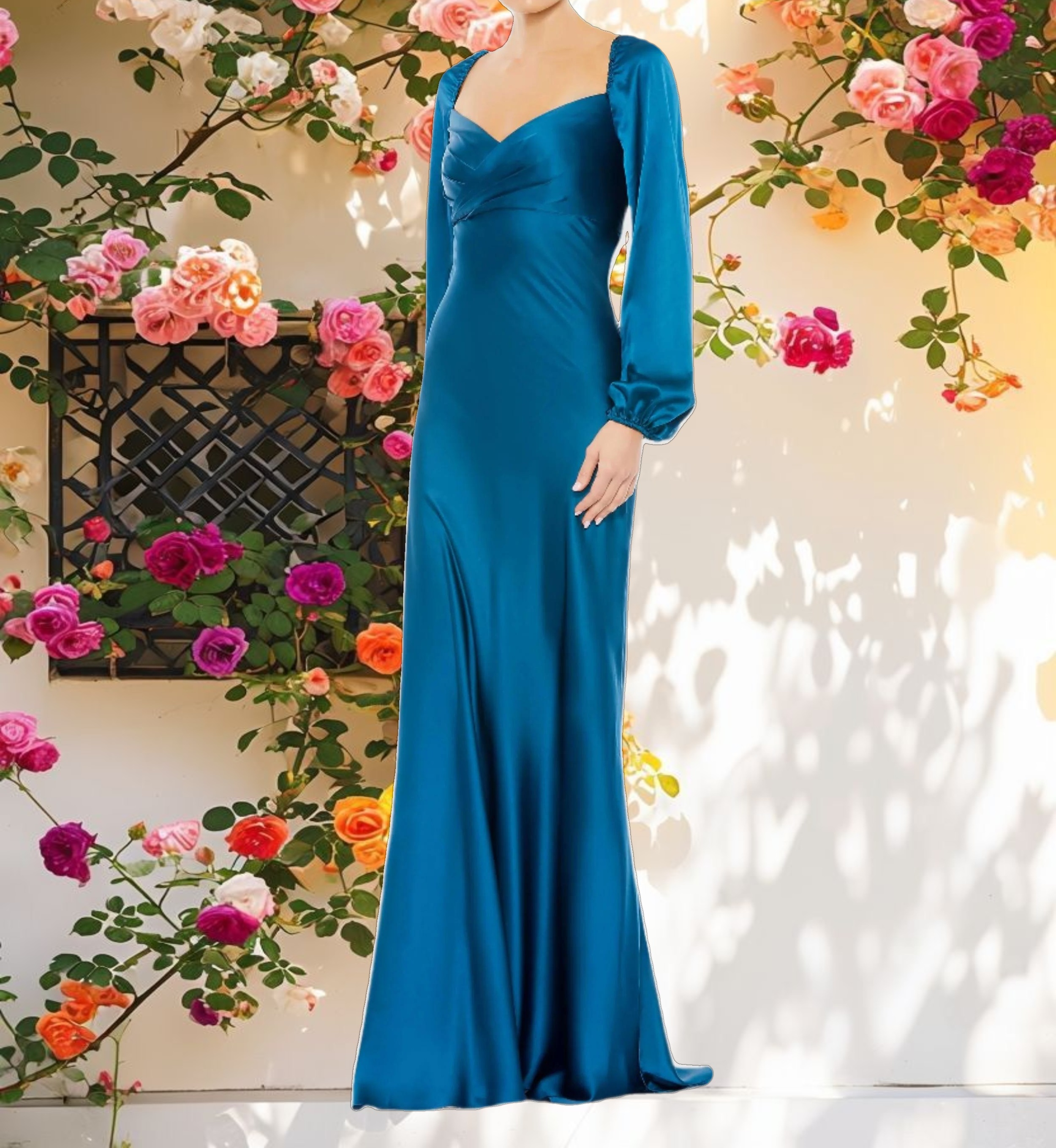 Blue Sweetheart Neckline Puff Sleeve Gown
