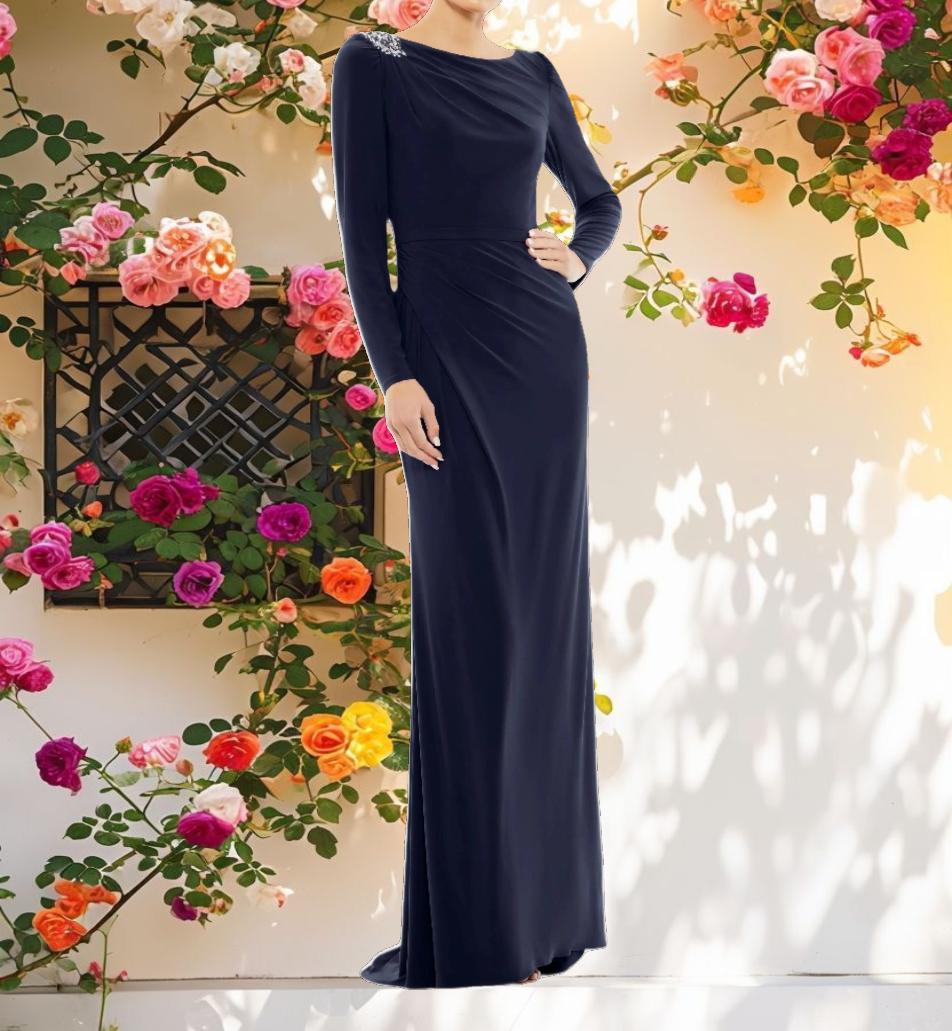 Draped Bateau Long Sleeve Gown