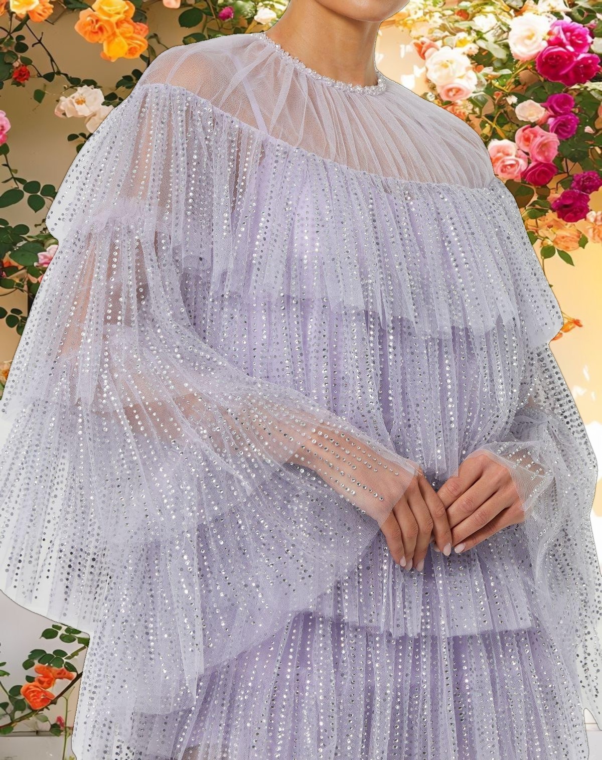 Purple High Neck Tiered Ruffle Pearl Beaded Cape Dress