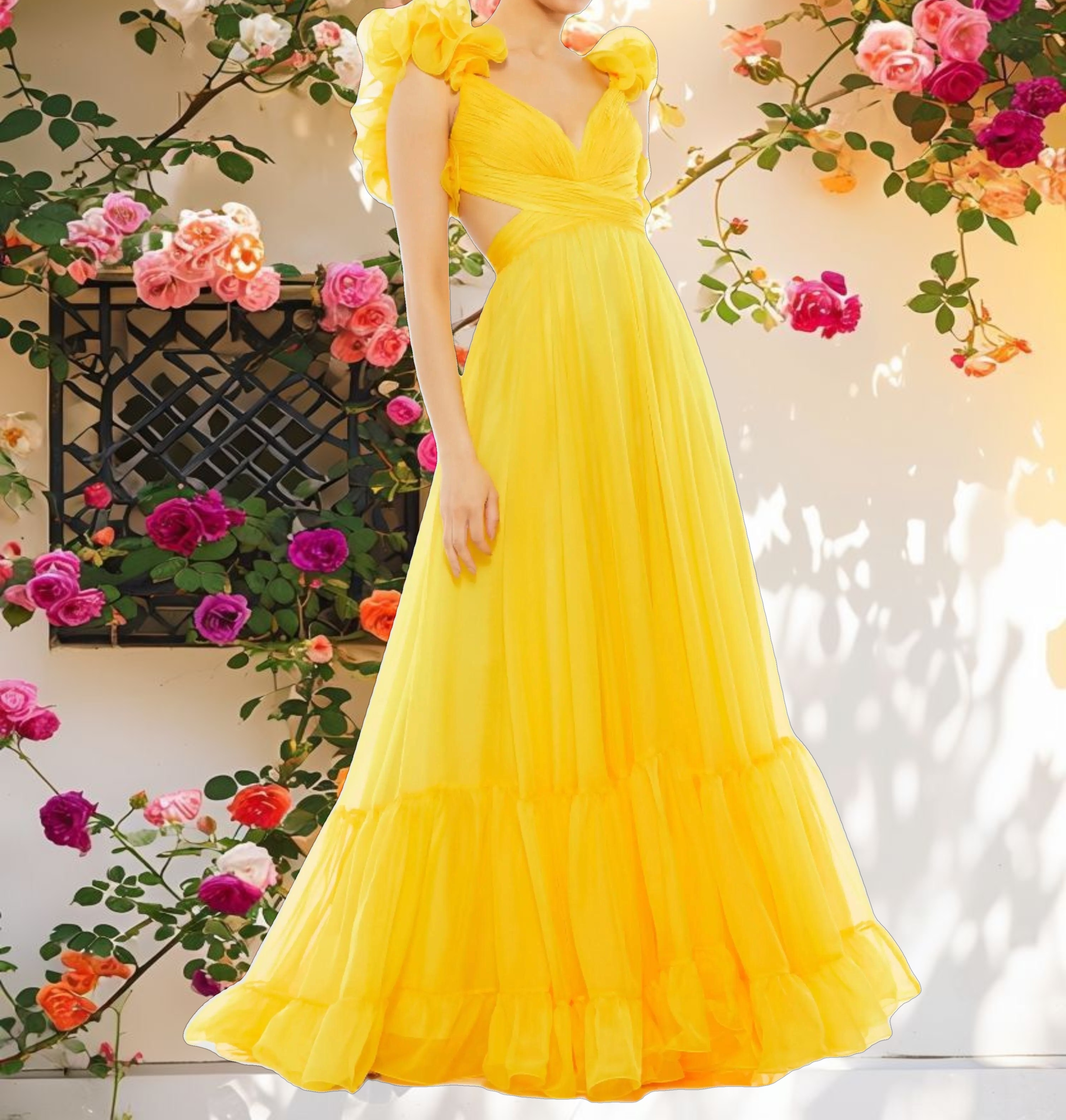 Ruffle Tiered Cut Out Chiffon Gown