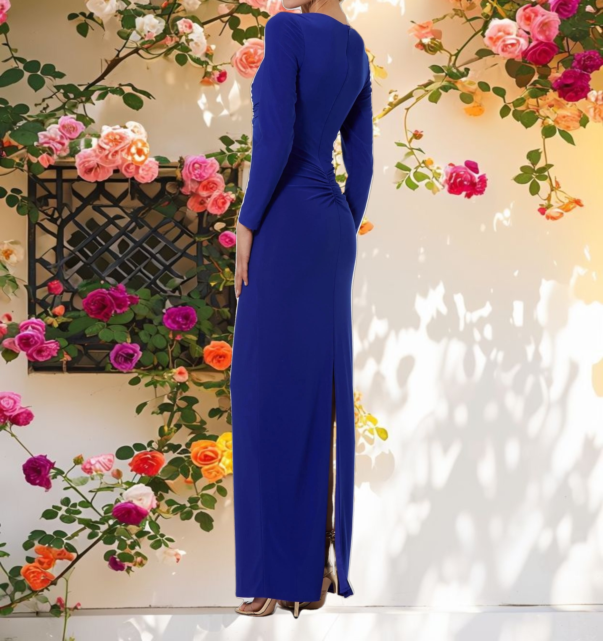 Blue Long Sleeve Jersey V Neck Twist Knot Gown