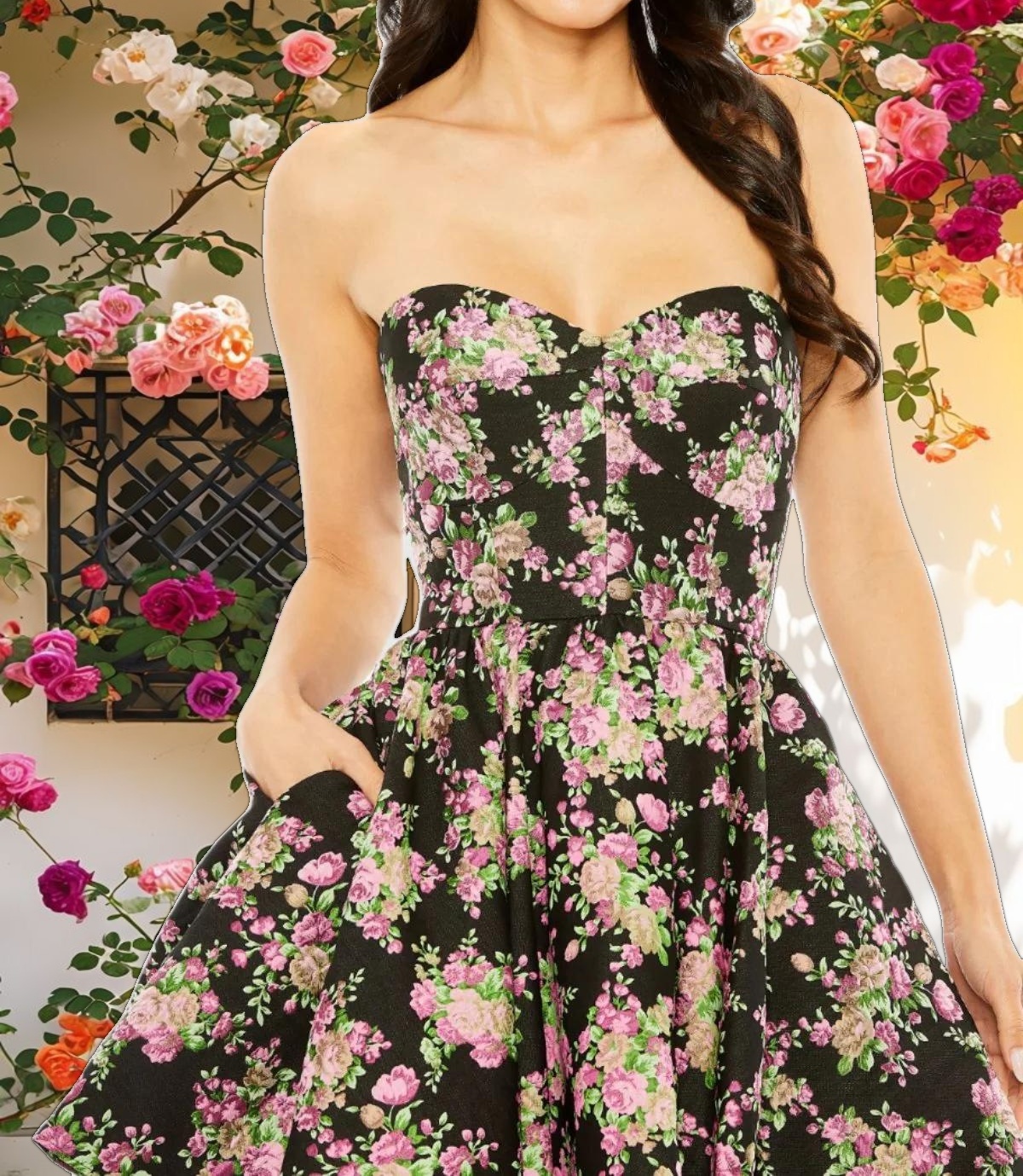 Black Strapless Brocade Mini Dress