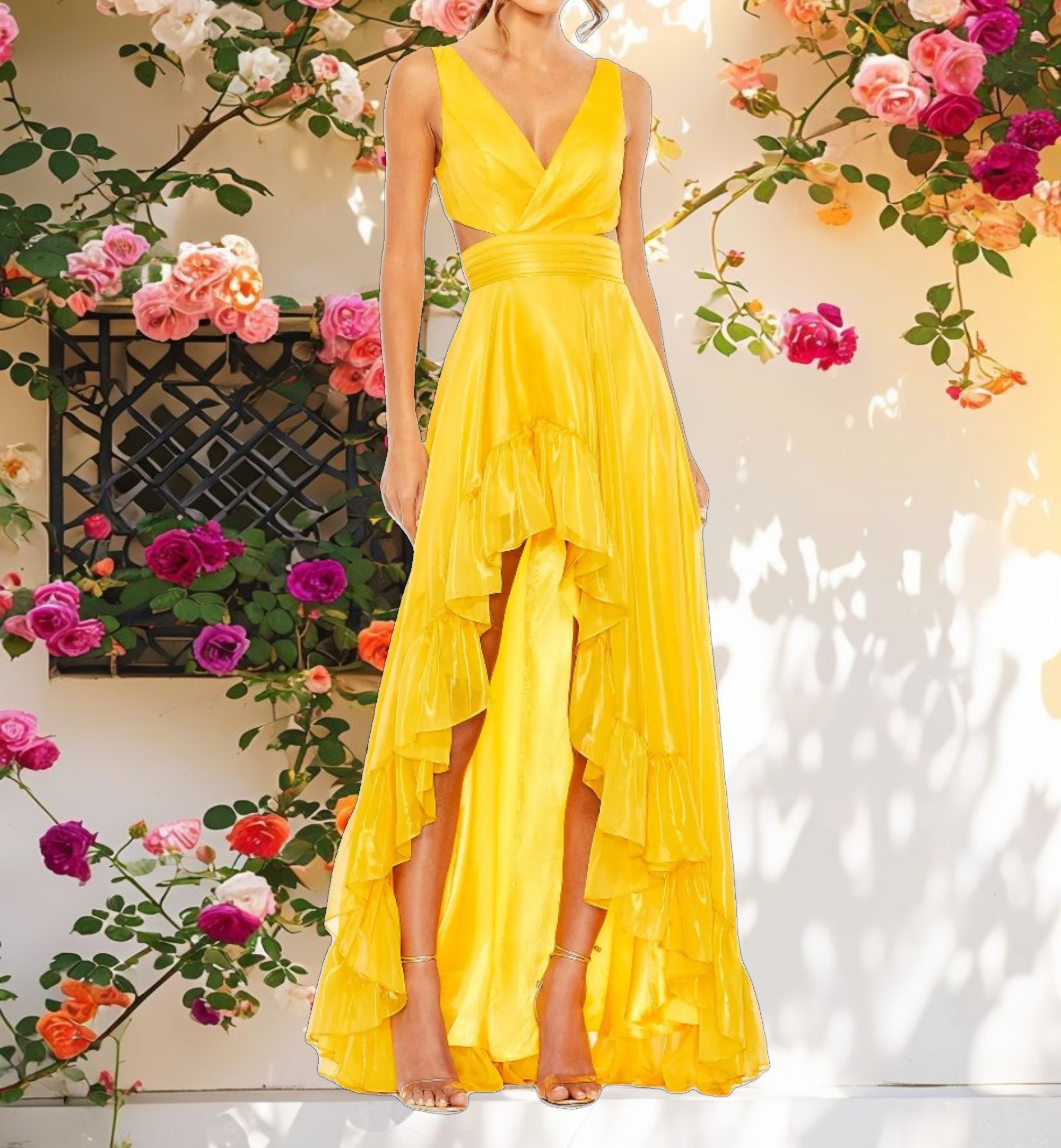 Yellow Cut Out High Low Ruffle Gown