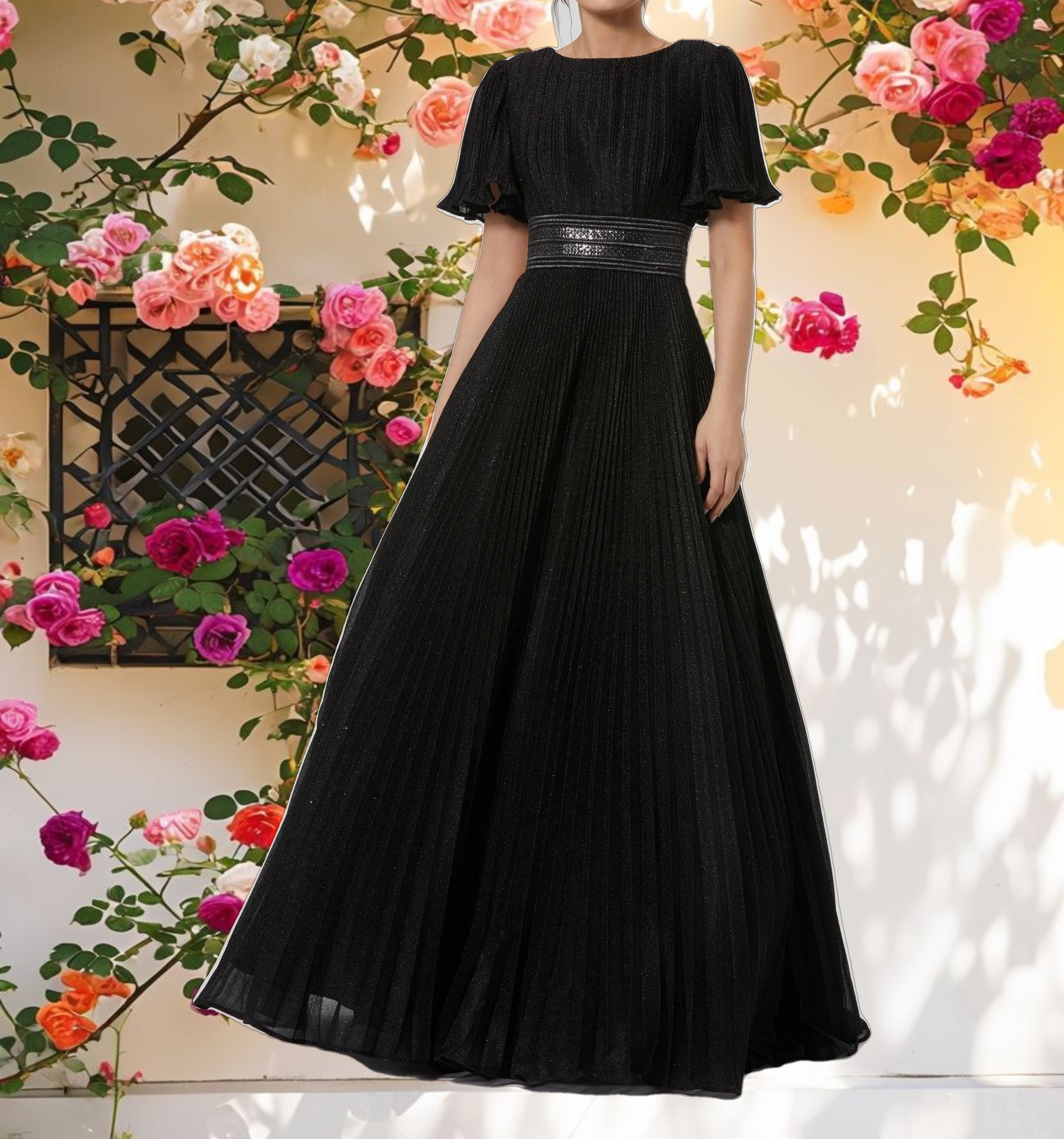 Black Pleated Shimmering Flutter Sleeve Gown