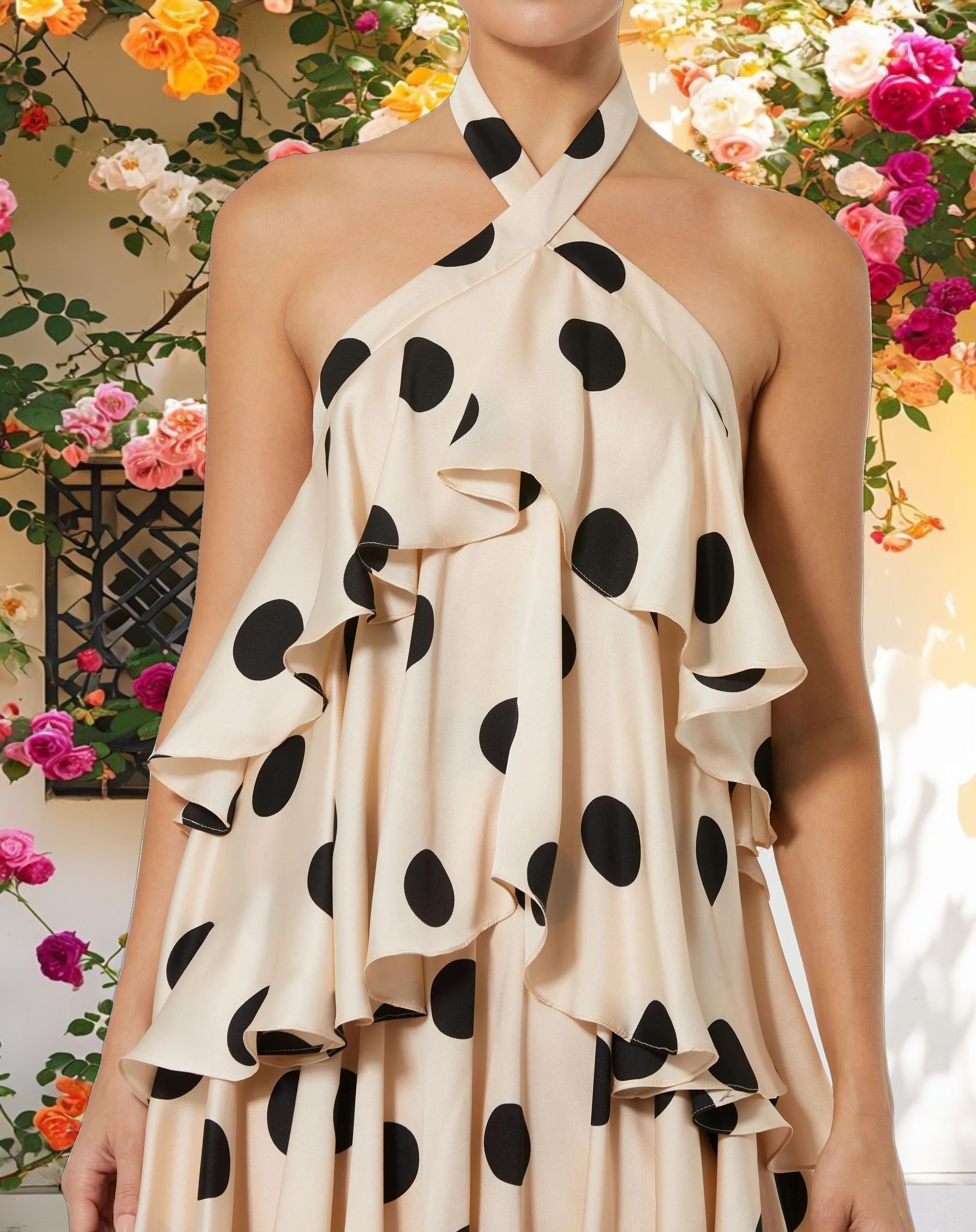 Beige Tiered Ruffle Polka Dot Charmeuse Gown