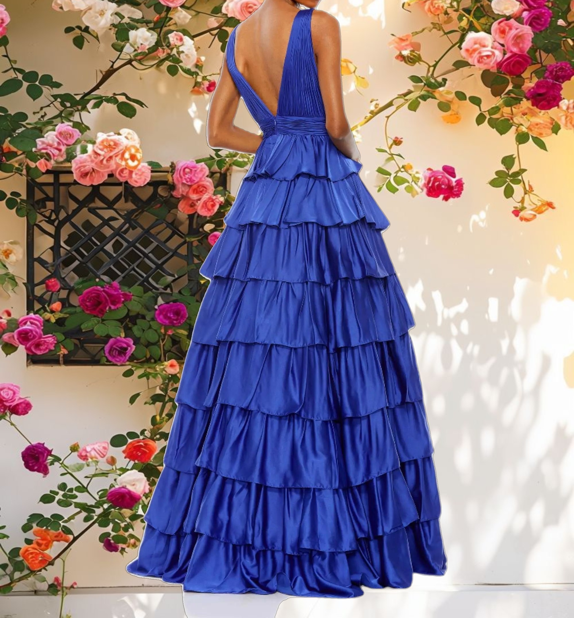 Ruffle Tiered Pleated Sleeveless V Neck Gown