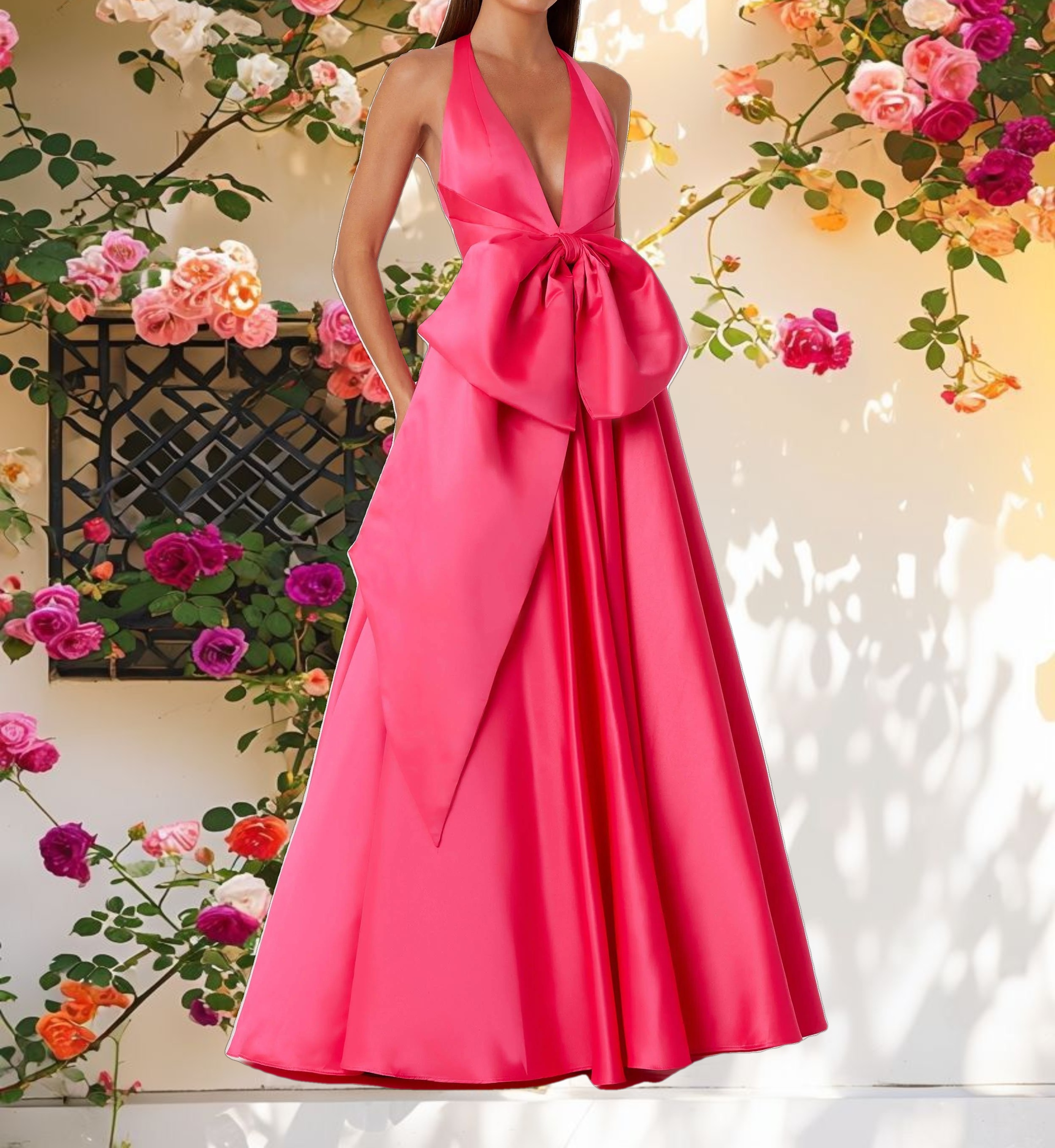 Pink Deep V Satin Ballgown with Oversized Bow
