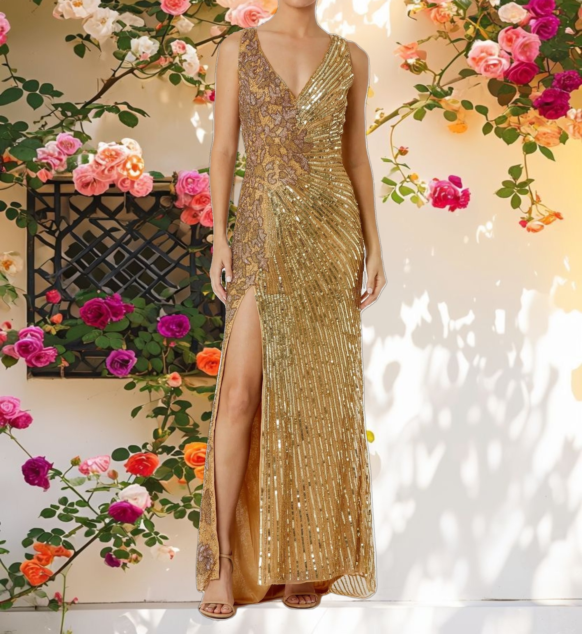 Beaded Floral Sleeveless Gown