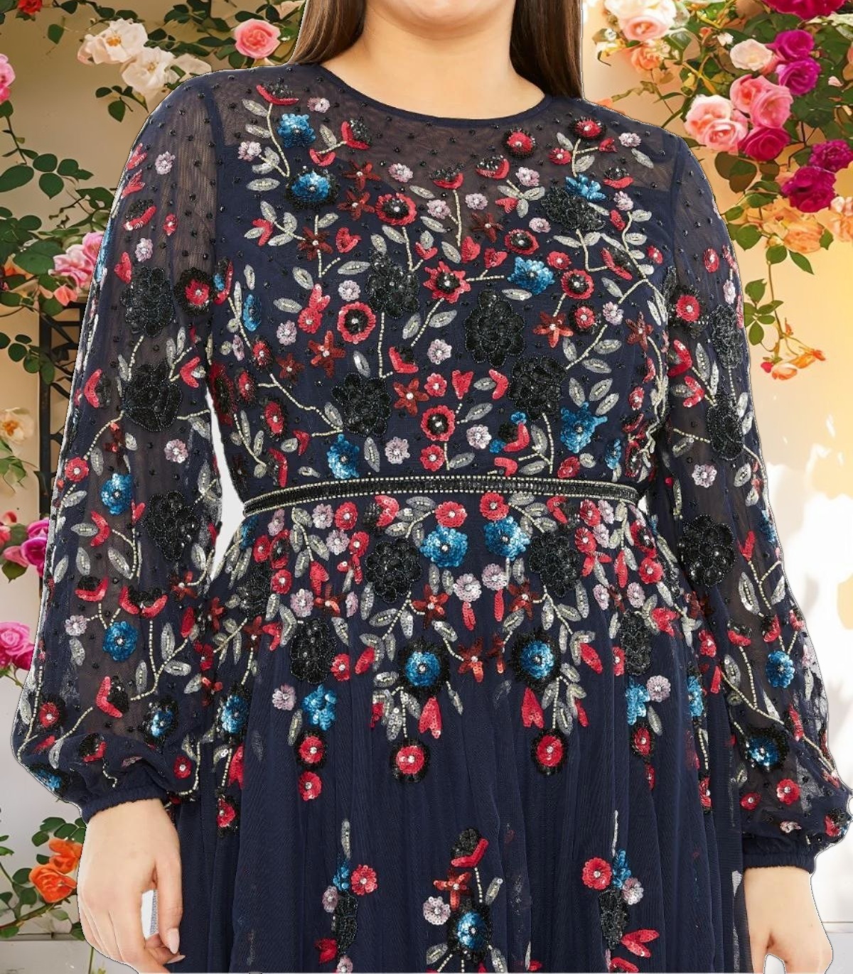 Blue Long Sleeve Beaded Evening Gown