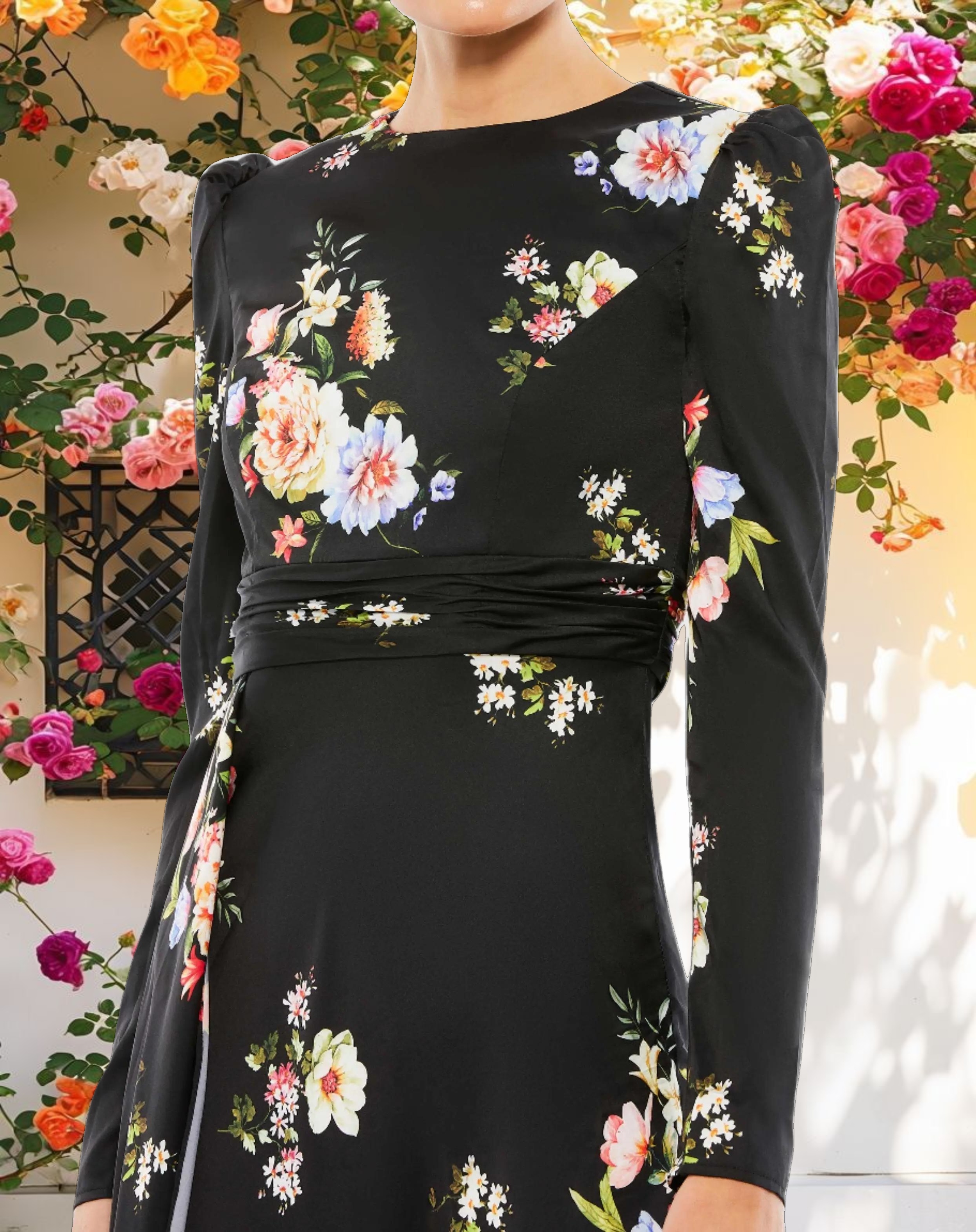 Long Sleeve Faux Wrap Gown