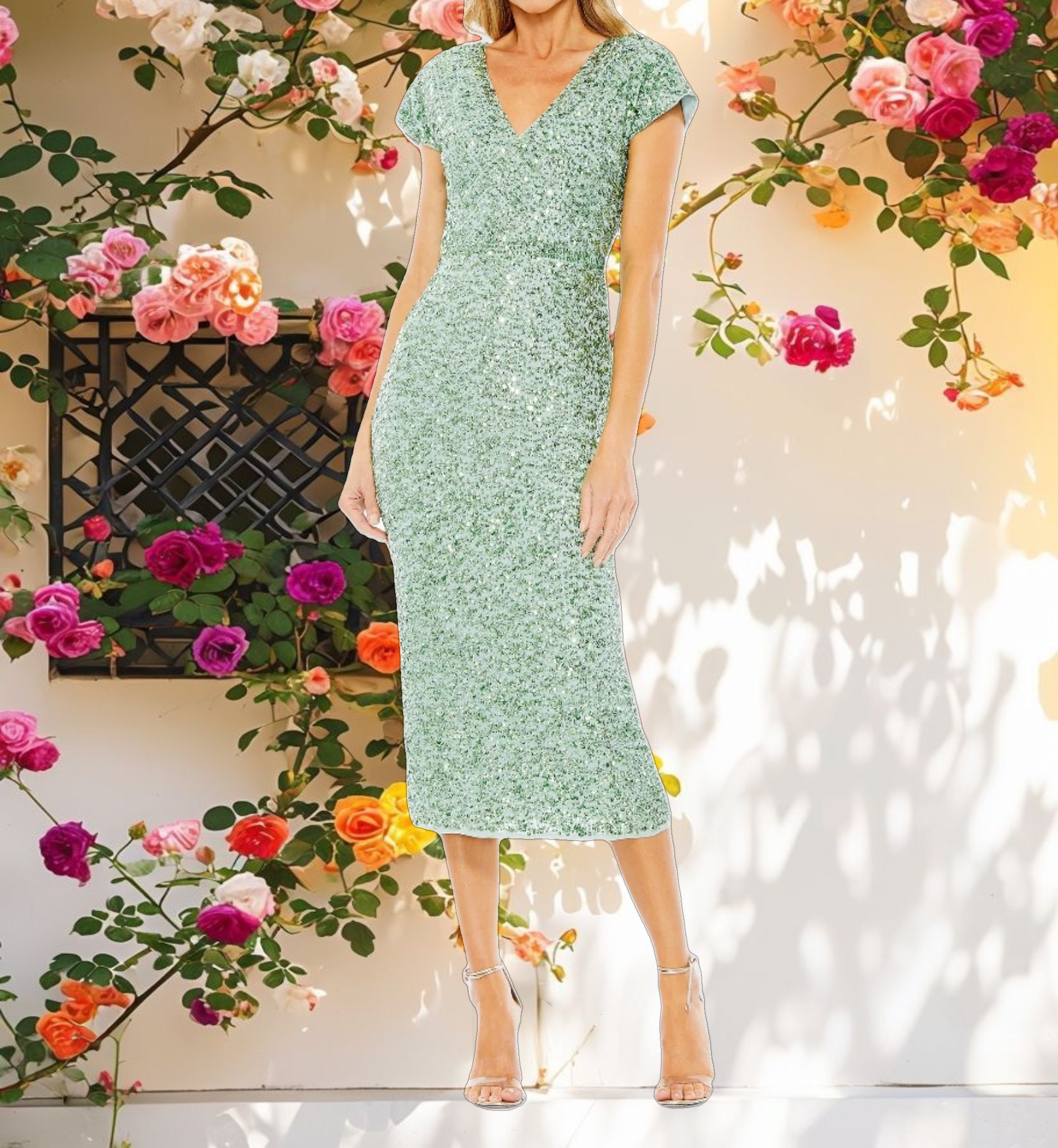 Sequined Short Sleeve Wrap Over Cocktail Dress