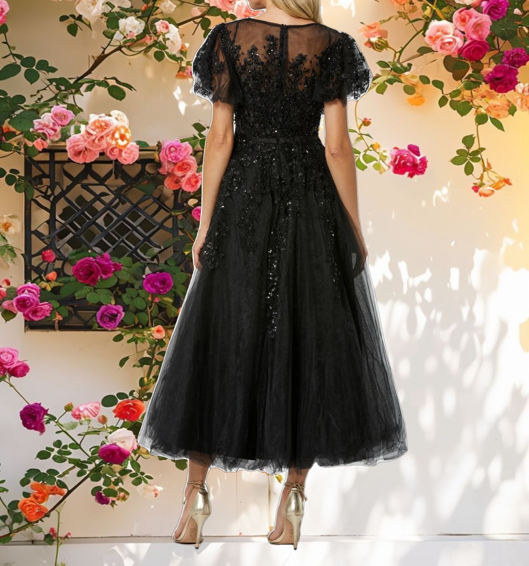 Black Embellished Flutter Sleeve Bow Waist A Line Dress
