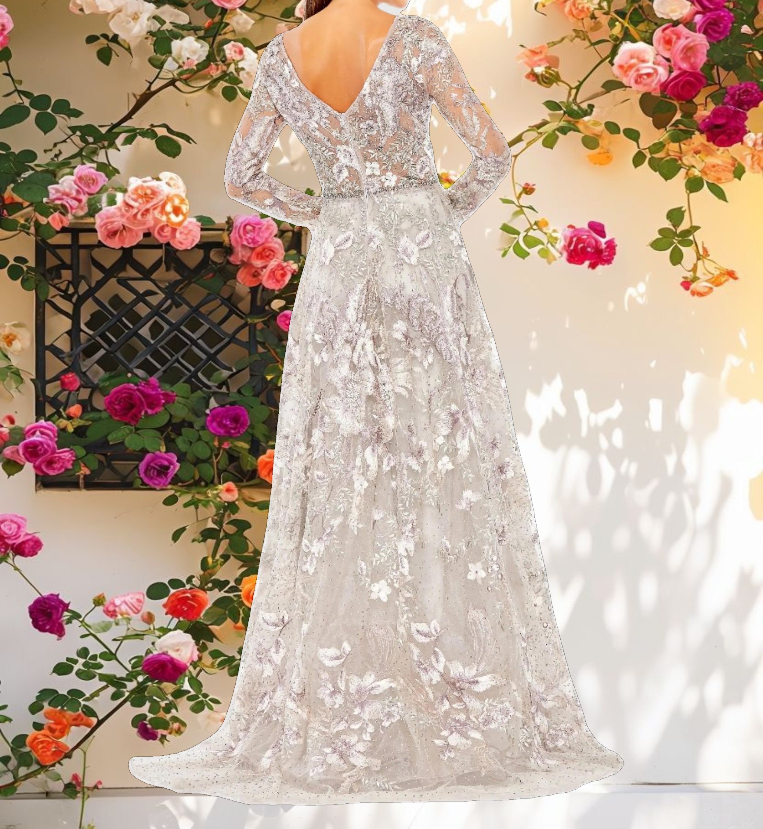 Multicolor Long Sleeve Beaded Applique Gown