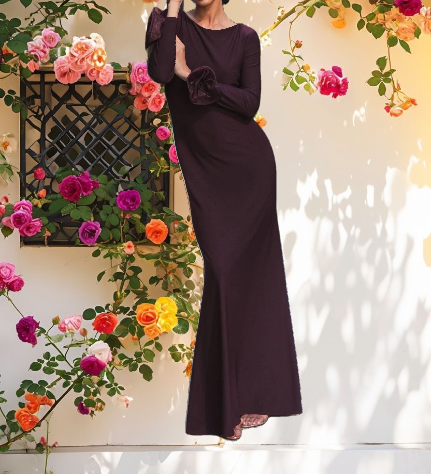 Purple Long Sleeve Fitted Jersey Gown With 3D Flowers