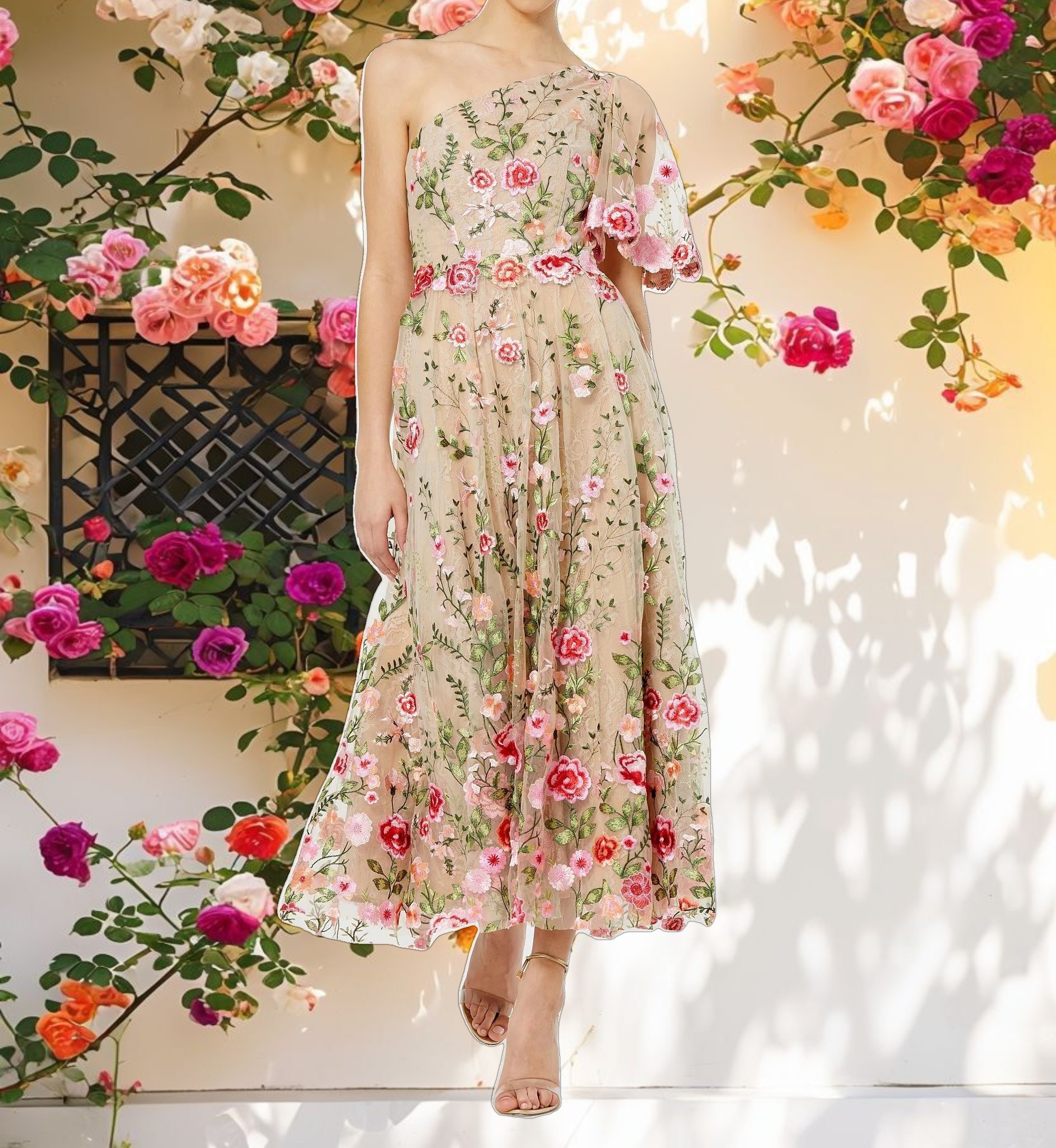 One Shoulder Lace Embroidered Dress