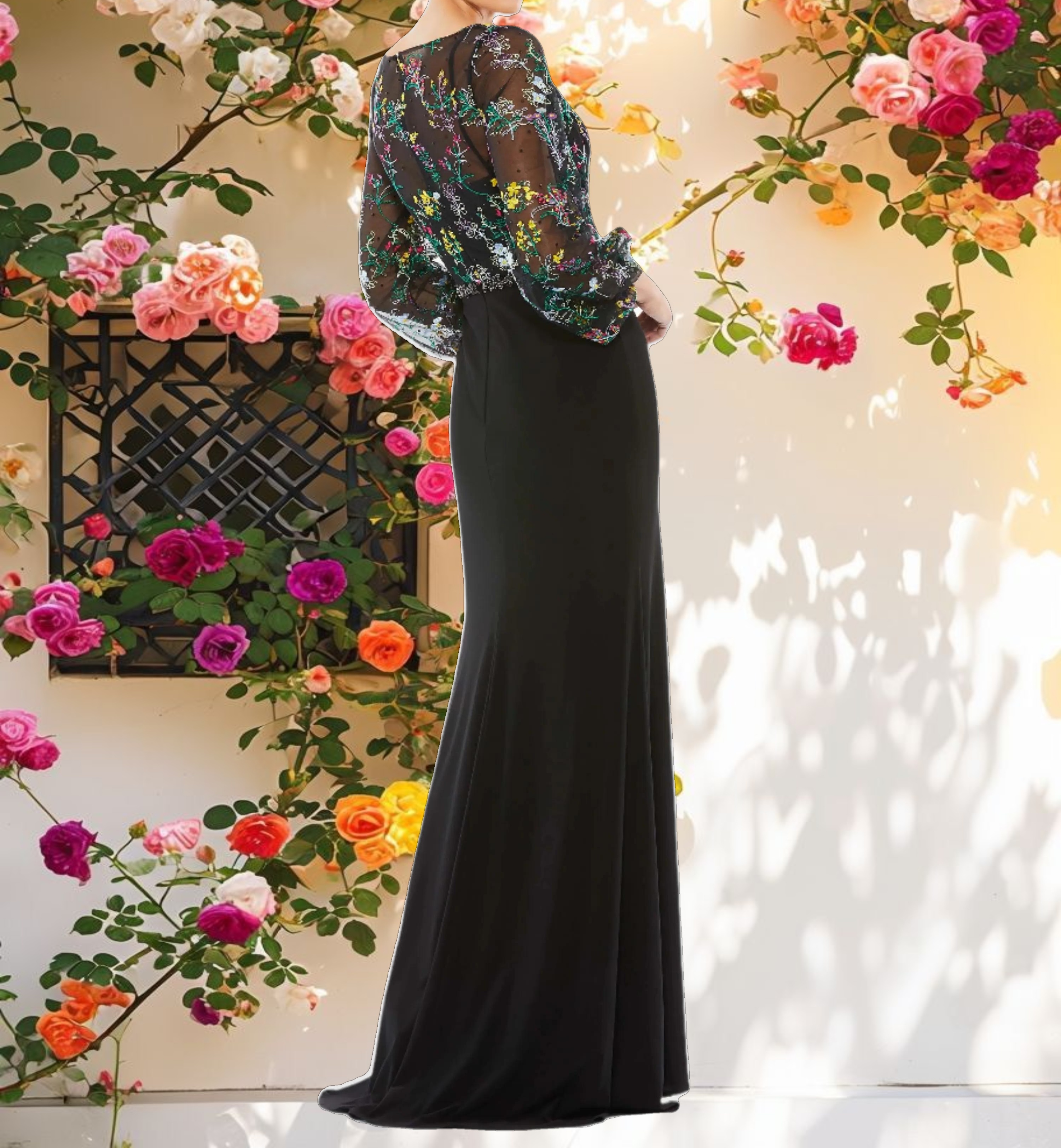 Embroidered Illusion Puff Sleeve Gown