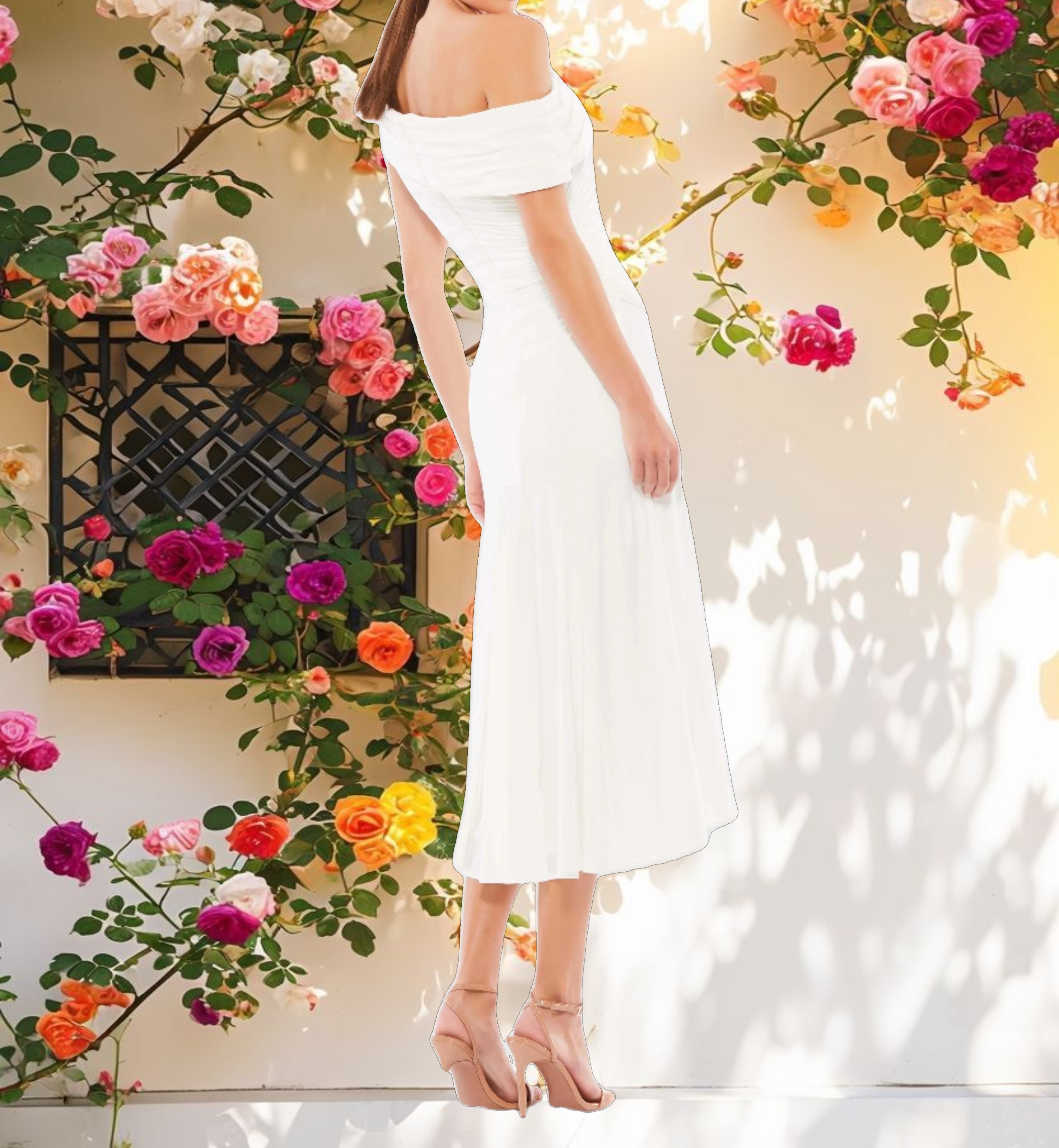White Ruched Off The Shoulder Midi Dress