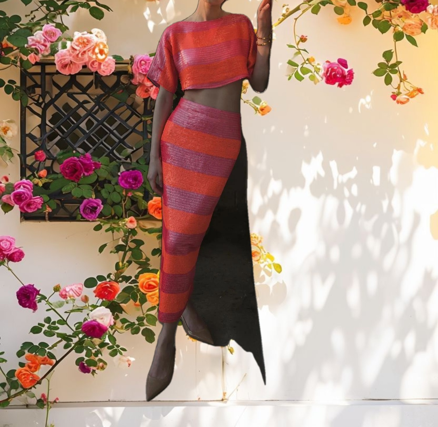 Classic Sequin Striped Midi Pencil Skirt